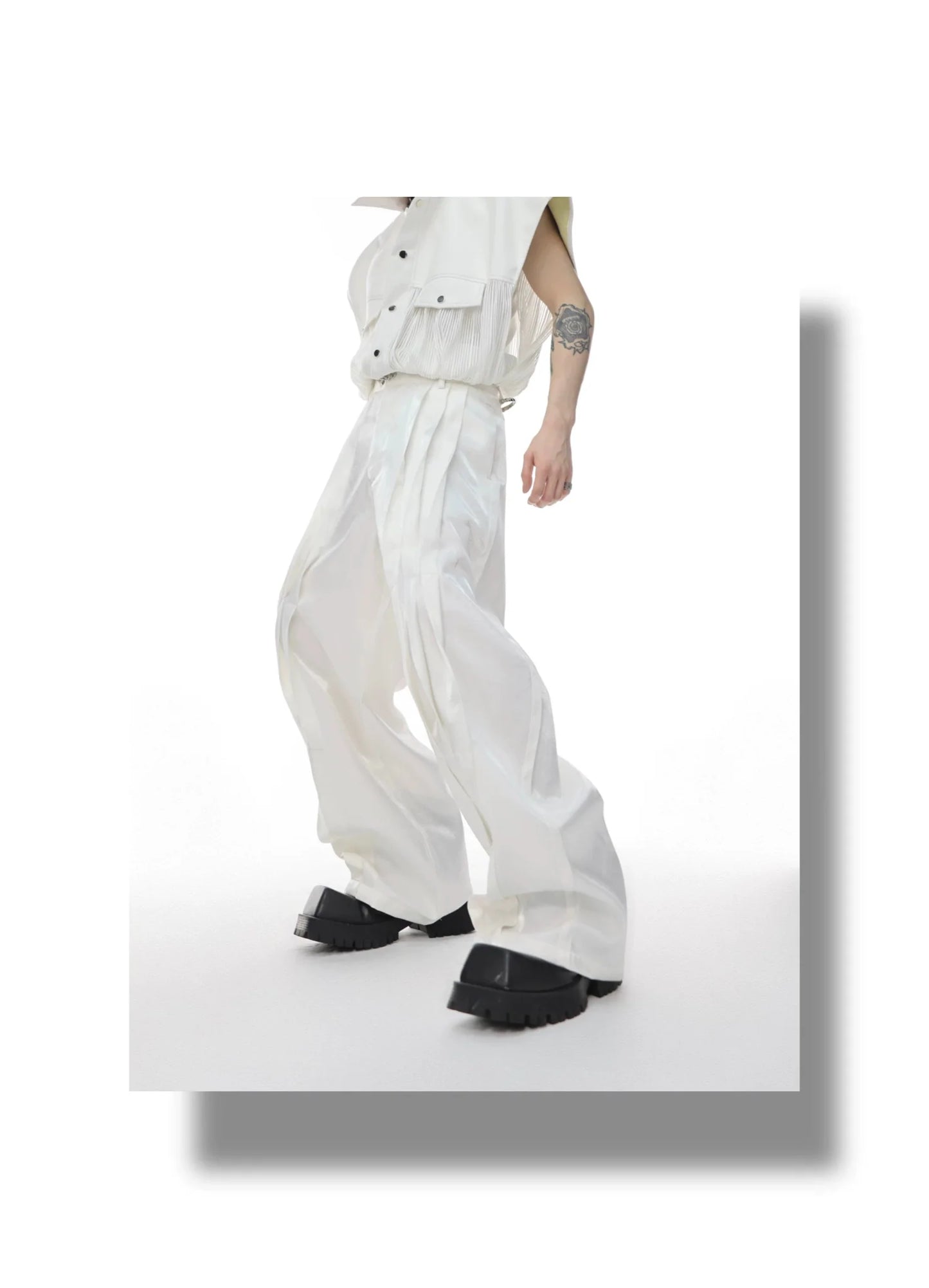 Metallic Sheen Straight-Leg Pants with Button Detail and Pleated