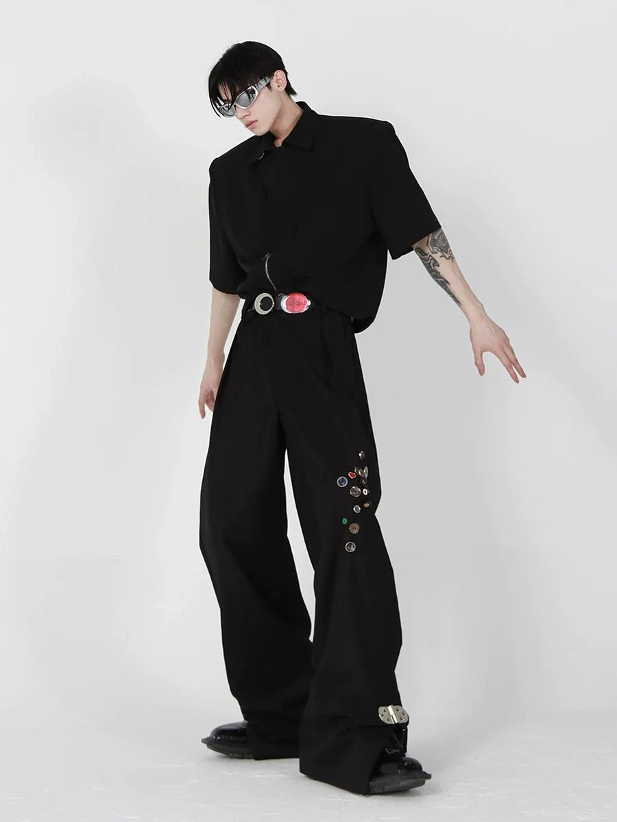 Minimalism Casual Pants with Metal Button Detail and Split Hem