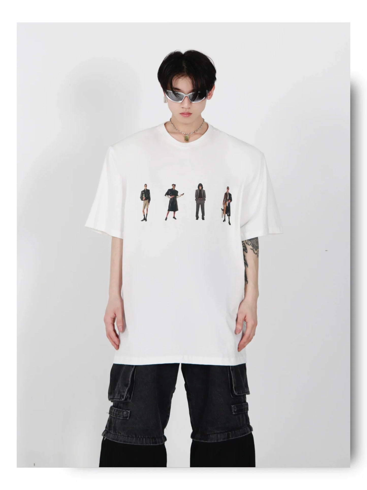 Minimalist Casual Cotton T-Shirt with Removable Shoulder Pads & Printed