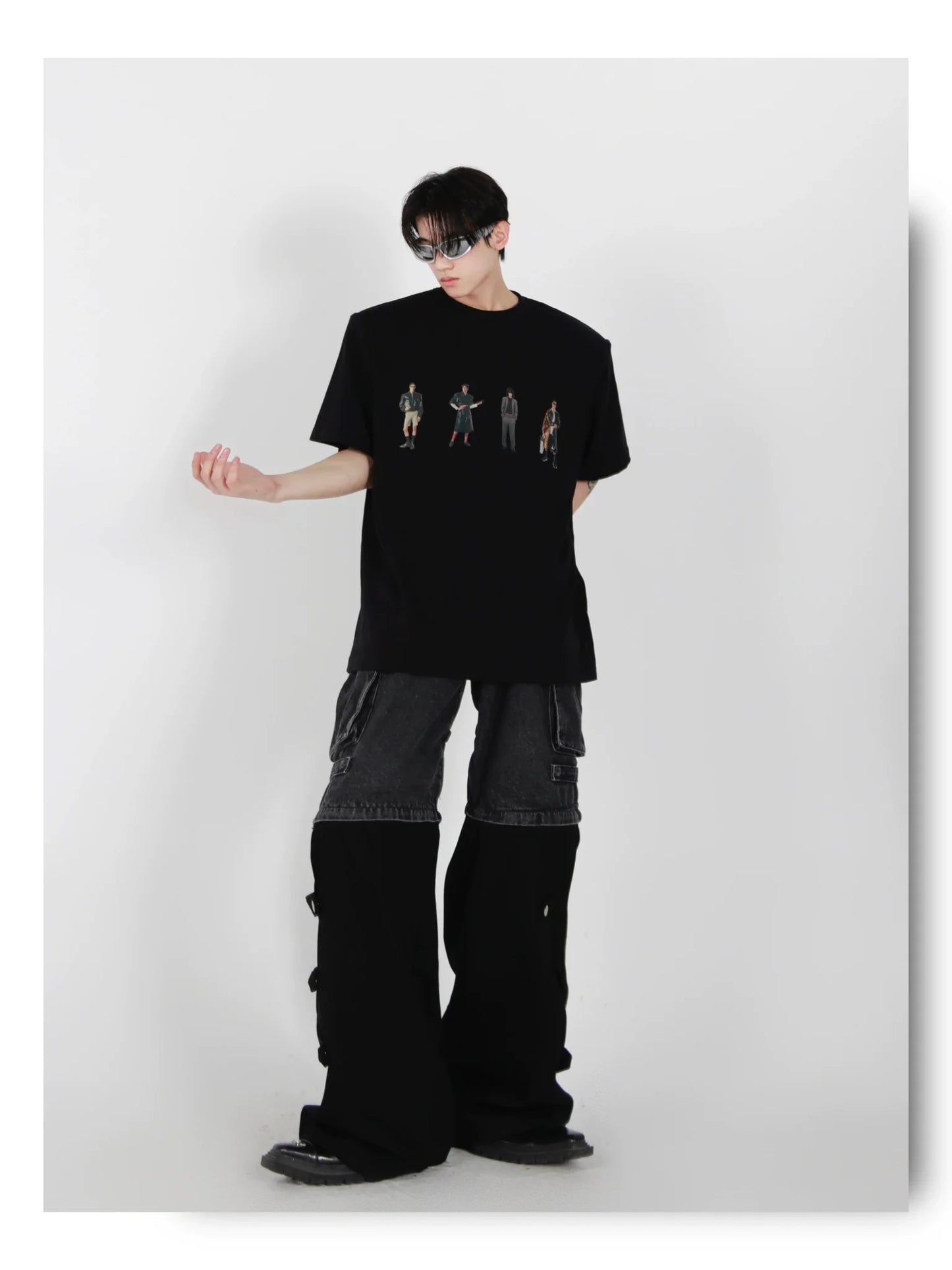 Minimalist Casual Cotton T-Shirt with Removable Shoulder Pads & Printed