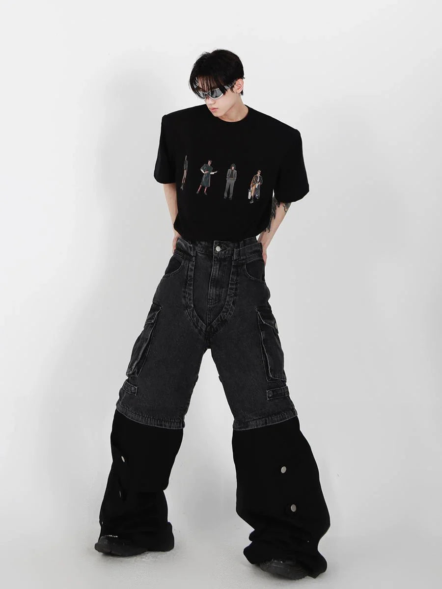 Minimalist Casual Cotton T-Shirt with Removable Shoulder Pads & Printed