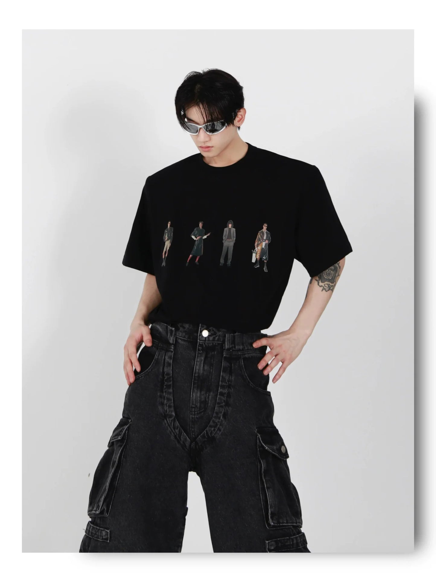 Minimalist Casual Cotton T-Shirt with Removable Shoulder Pads & Printed