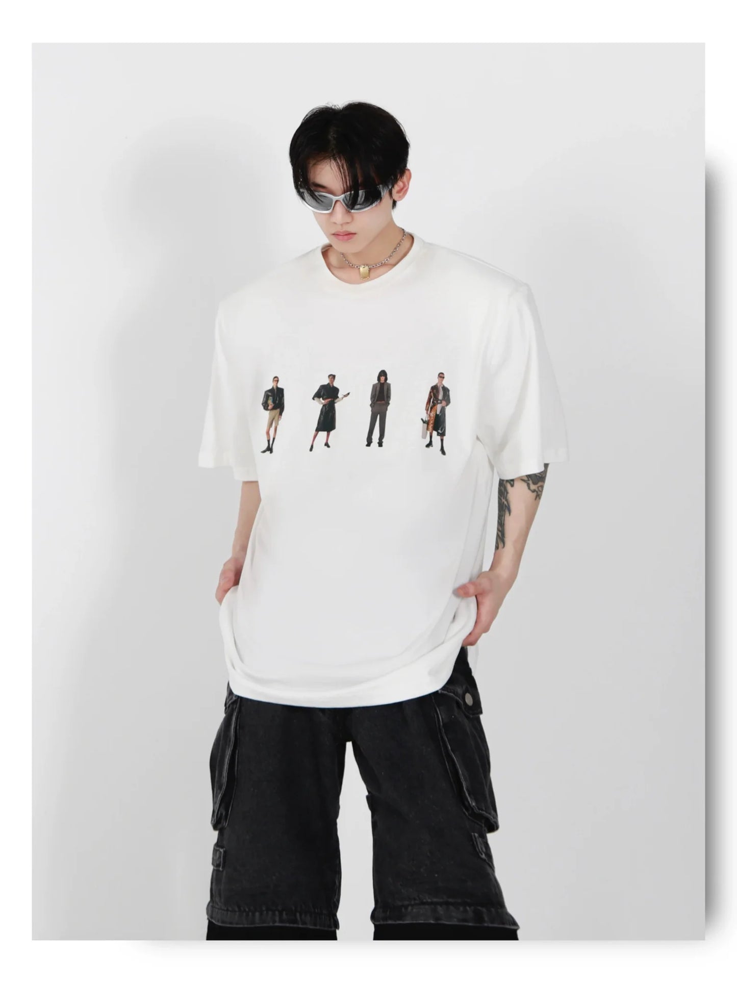 Minimalist Casual Cotton T-Shirt with Removable Shoulder Pads & Printed