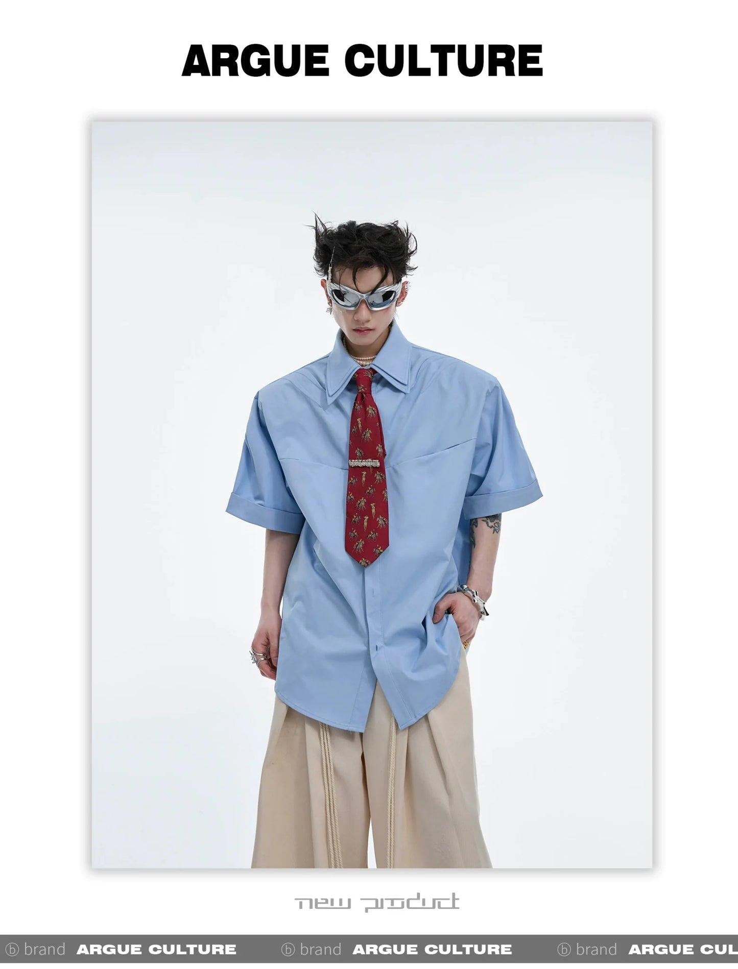 Minimalist Double Layer Collar Short Sleeve Shirt Loose Fit Metal Accents