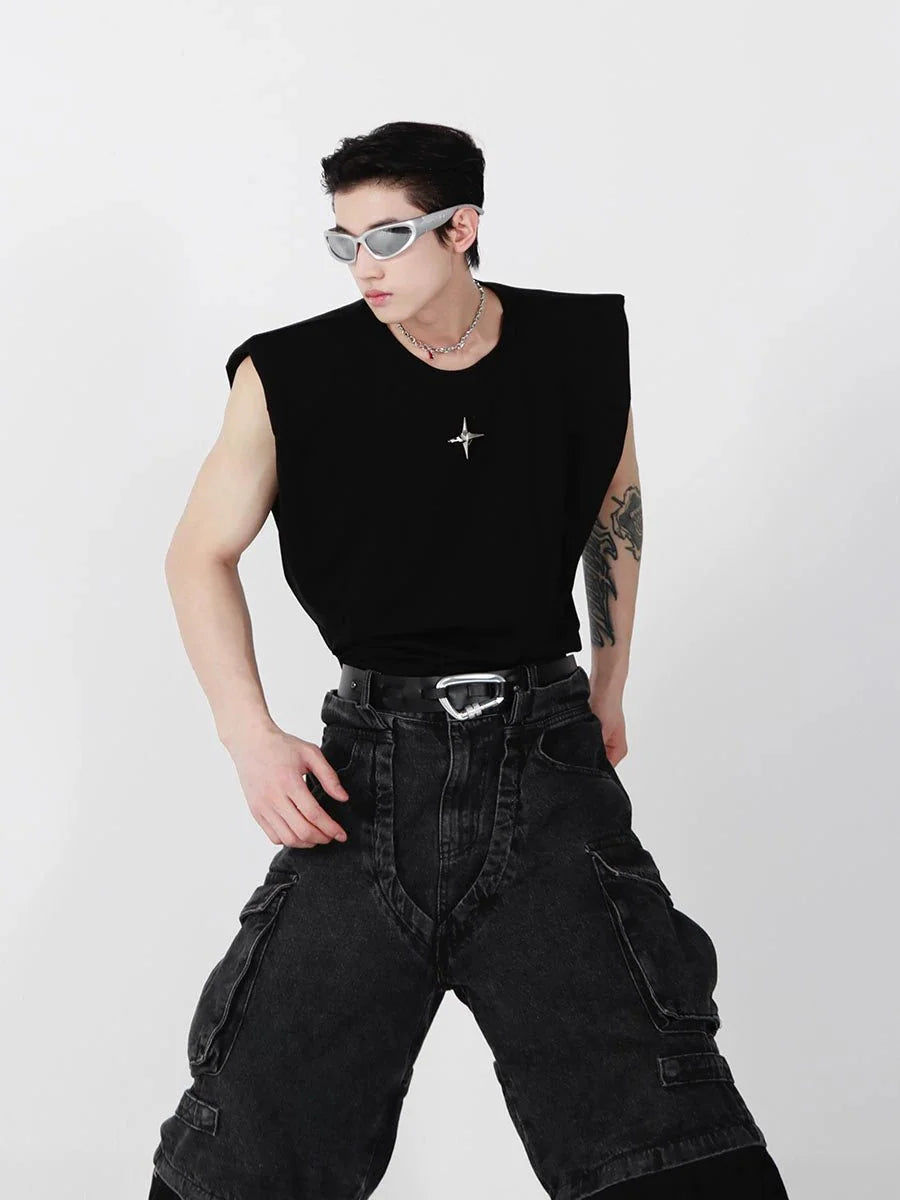 Minimalist Loose-Fit Vest / Tank Top with Padded Shoulders & Metallic Logo