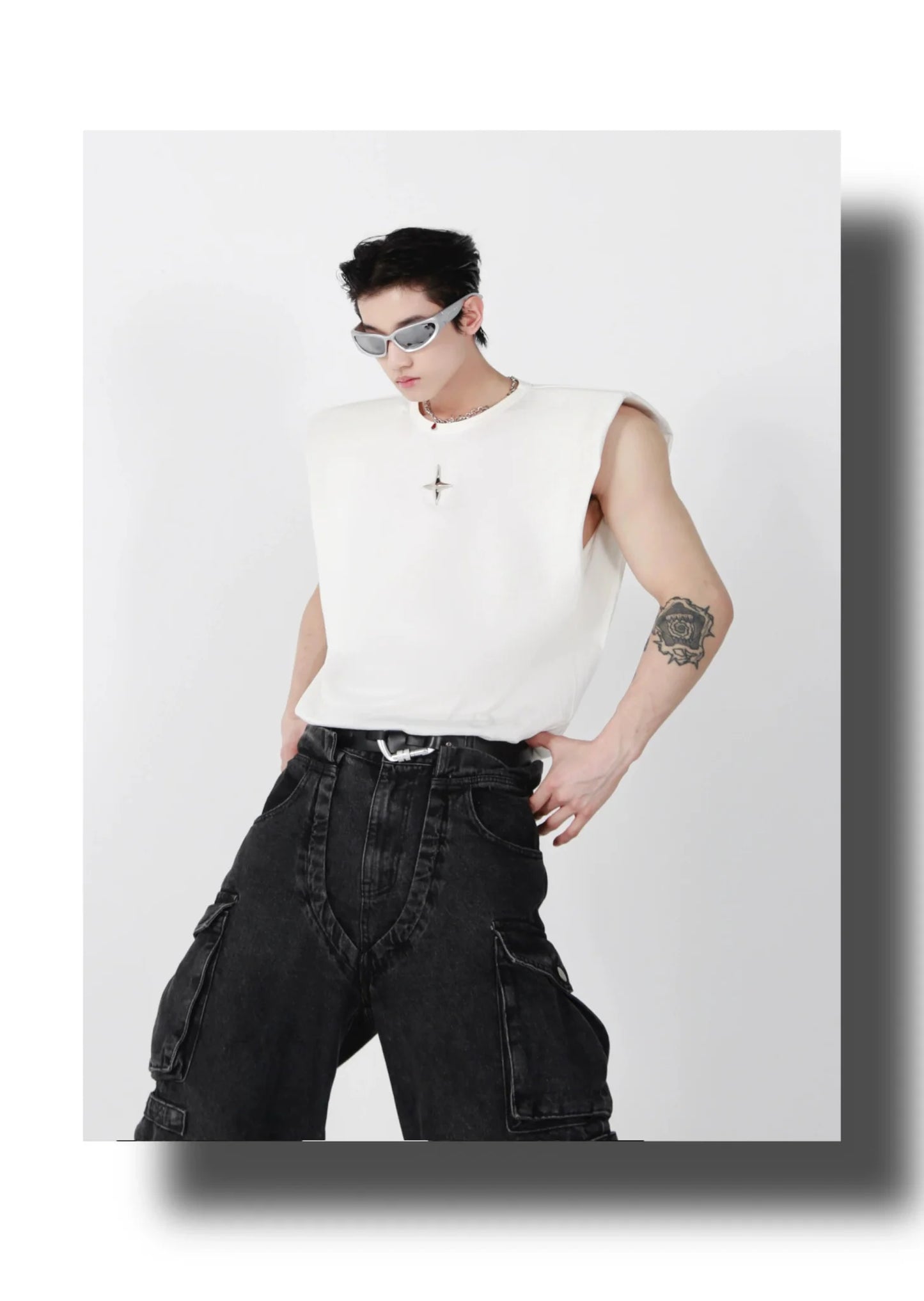 Minimalist Loose-Fit Vest / Tank Top with Padded Shoulders & Metallic Logo