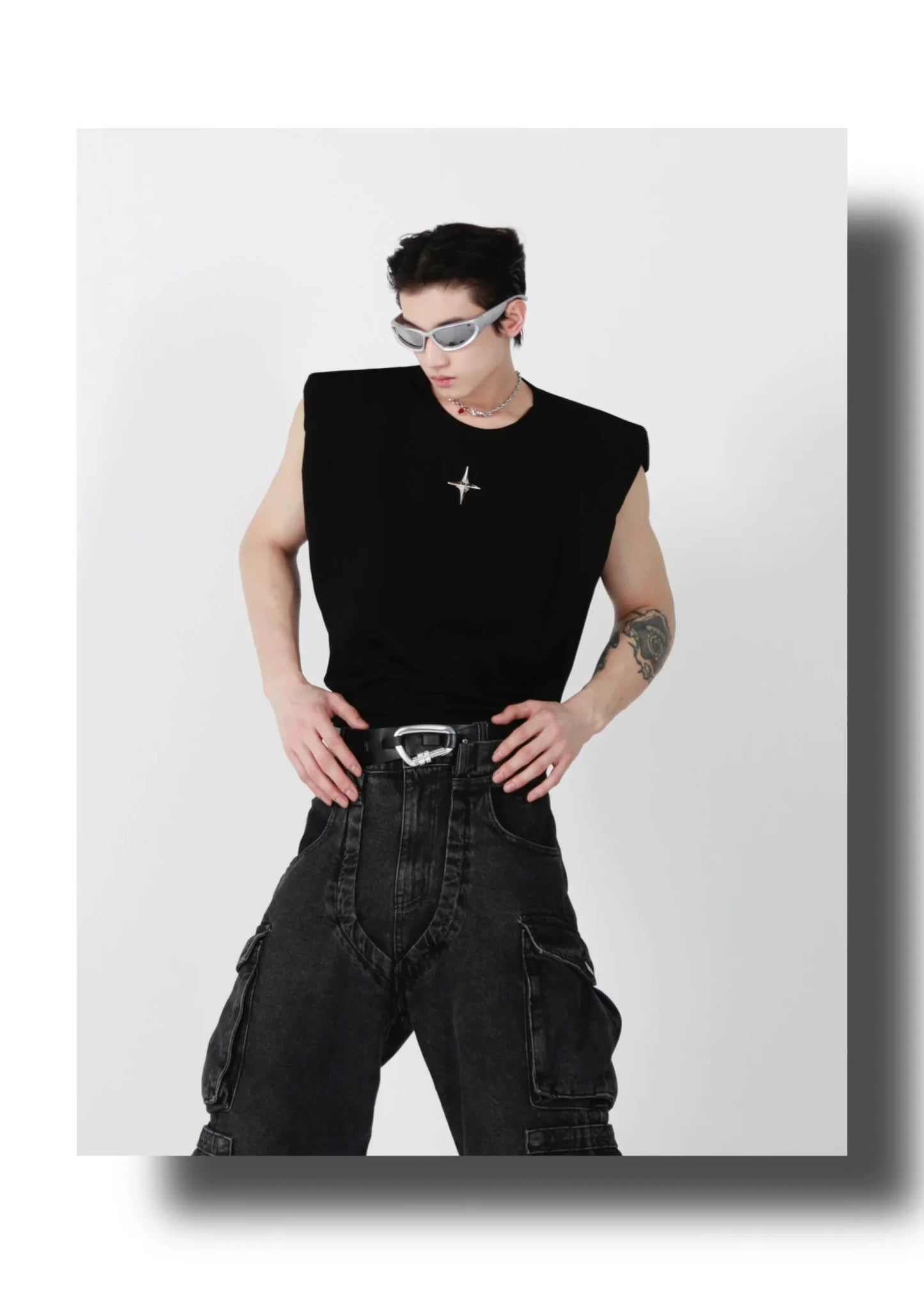 Minimalist Loose-Fit Vest / Tank Top with Padded Shoulders & Metallic Logo