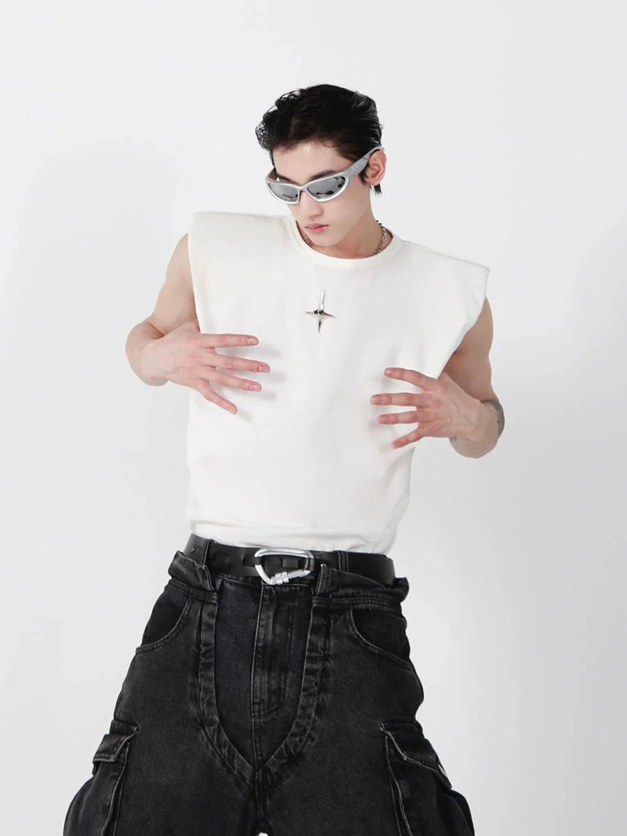 Minimalist Loose-Fit Vest / Tank Top with Padded Shoulders & Metallic Logo