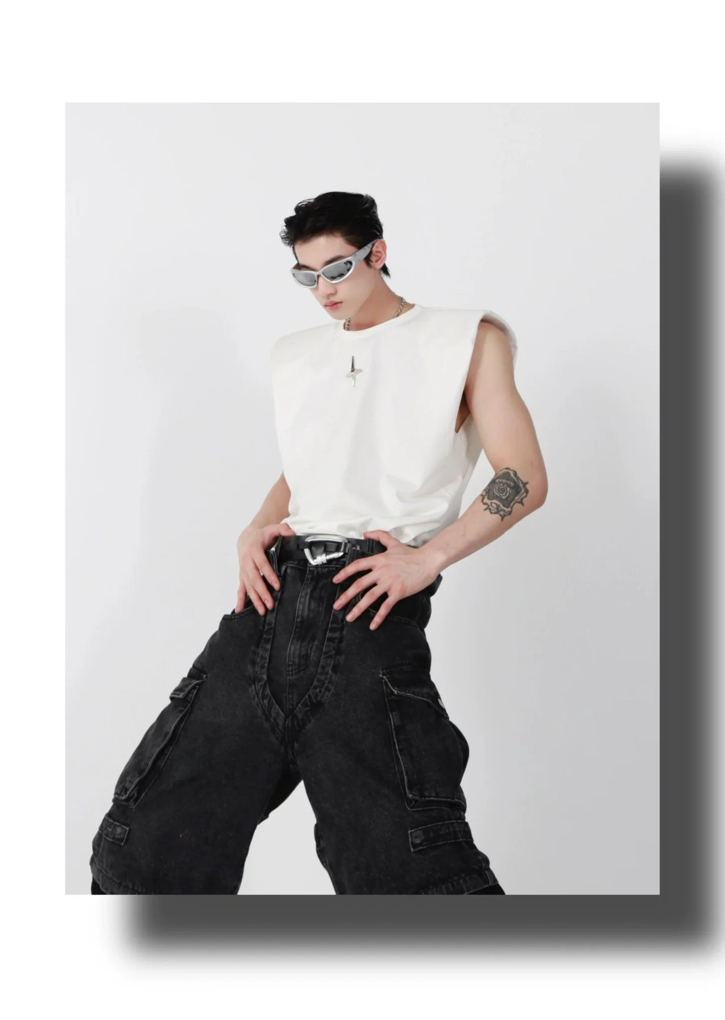 Minimalist Loose-Fit Vest / Tank Top with Padded Shoulders & Metallic Logo