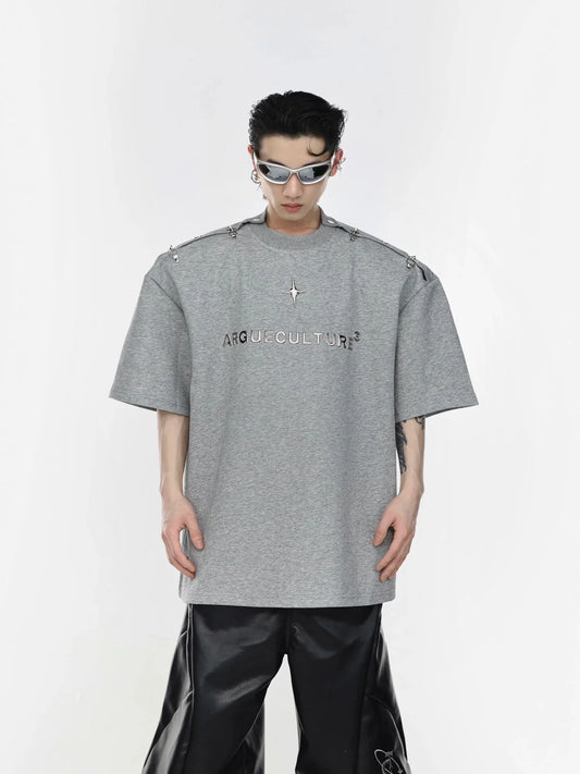 Minimalist Metal Toggle Closure Short Sleeve T-Shirt with Pads Shoulder