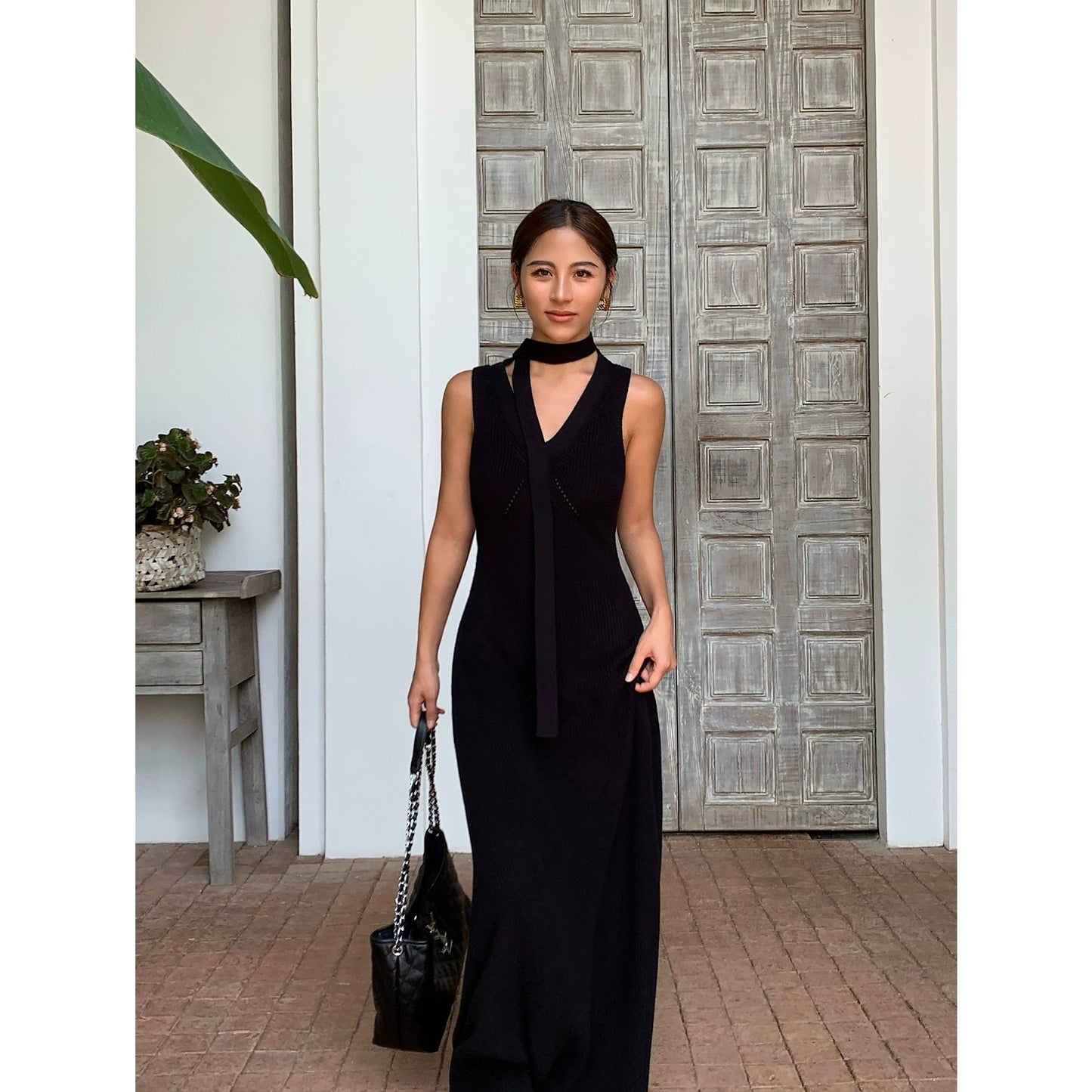 Neva Strap V-Neck Knitted Long Dress