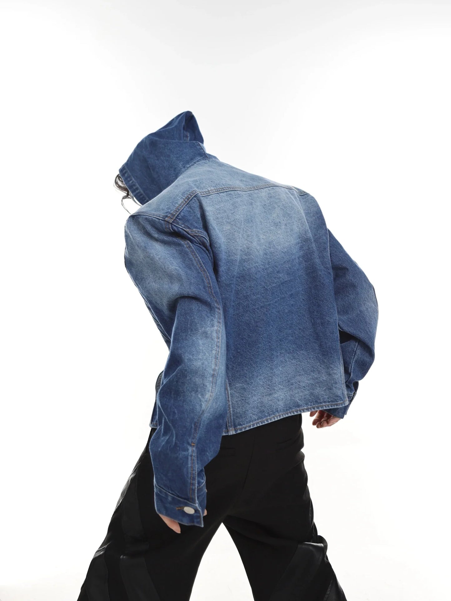 Pleated Wash Hooded Denim Jacket | Padded Shoulder Structured Top for Fashion