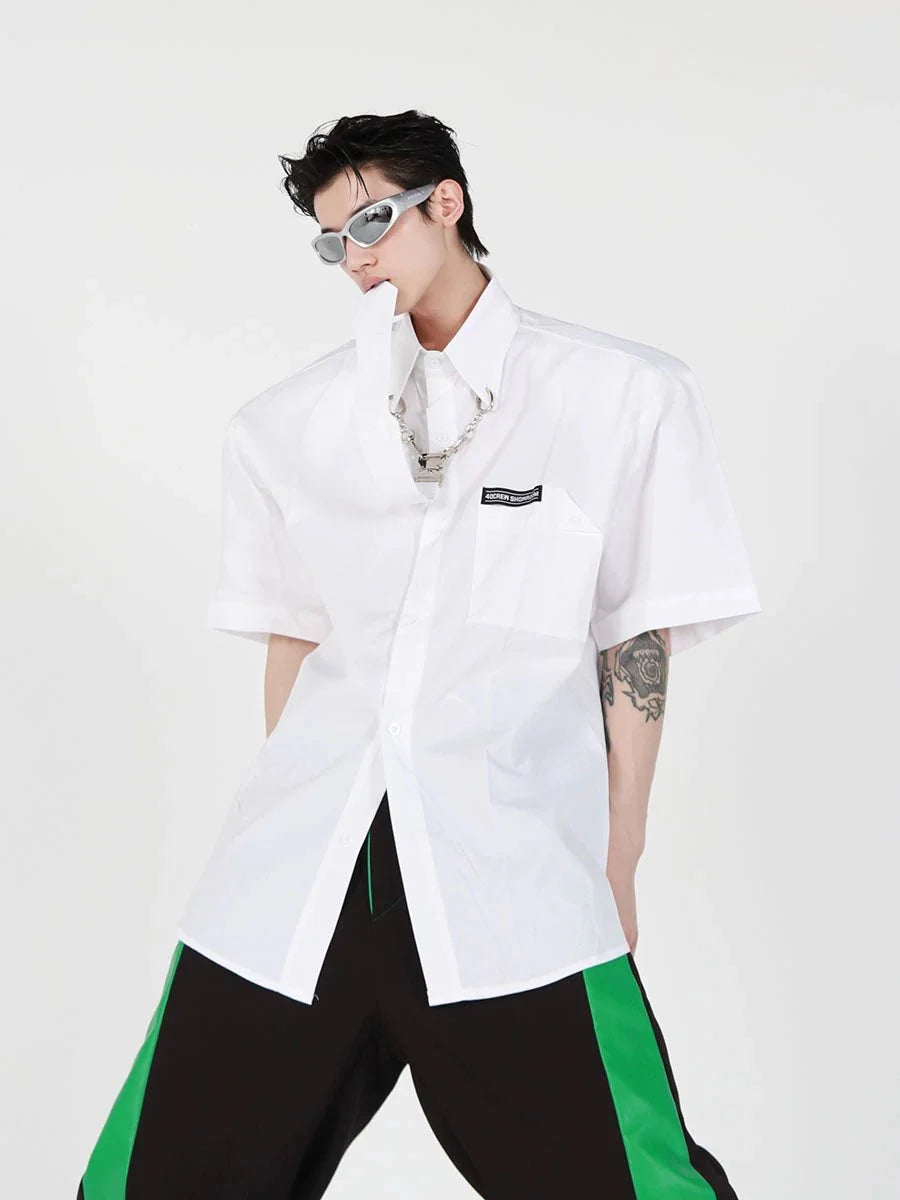 Preppy Loose Fit Short-Sleeve Cotton Shirt with Removable Metal Tie Clasp