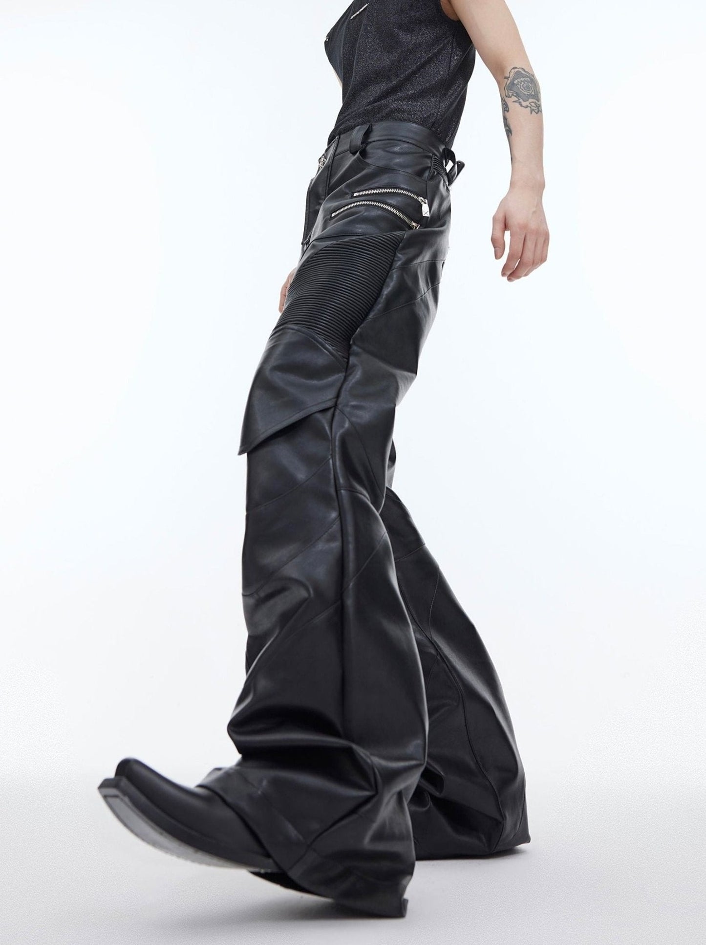 Punk Faux Leather Pants Patchwork Metal | Flared Casual Trousers