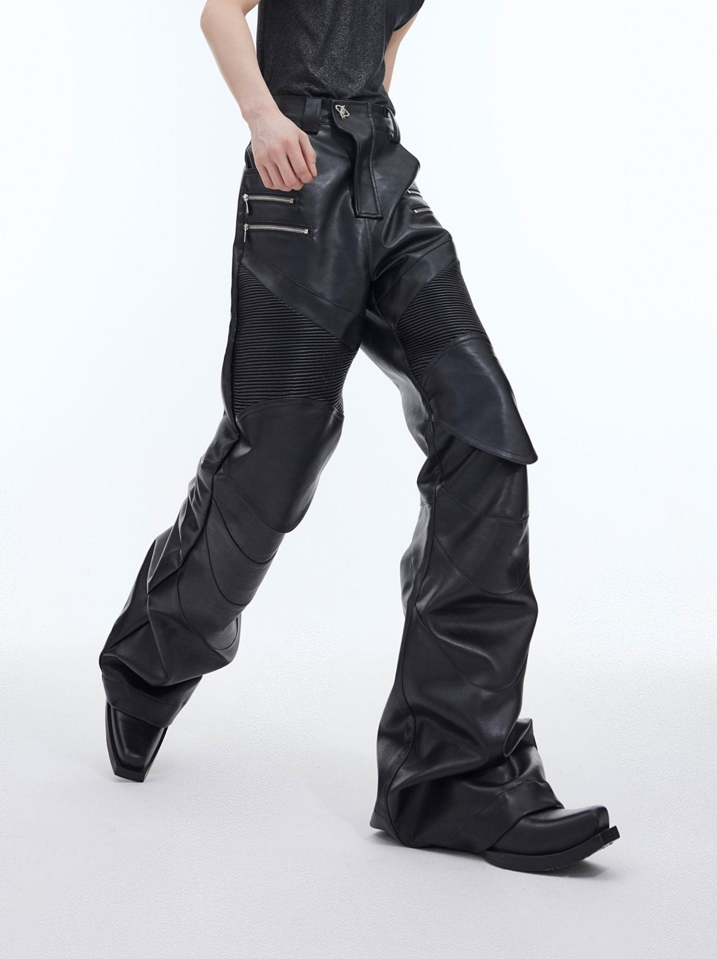 Punk Faux Leather Pants Patchwork Metal | Flared Casual Trousers