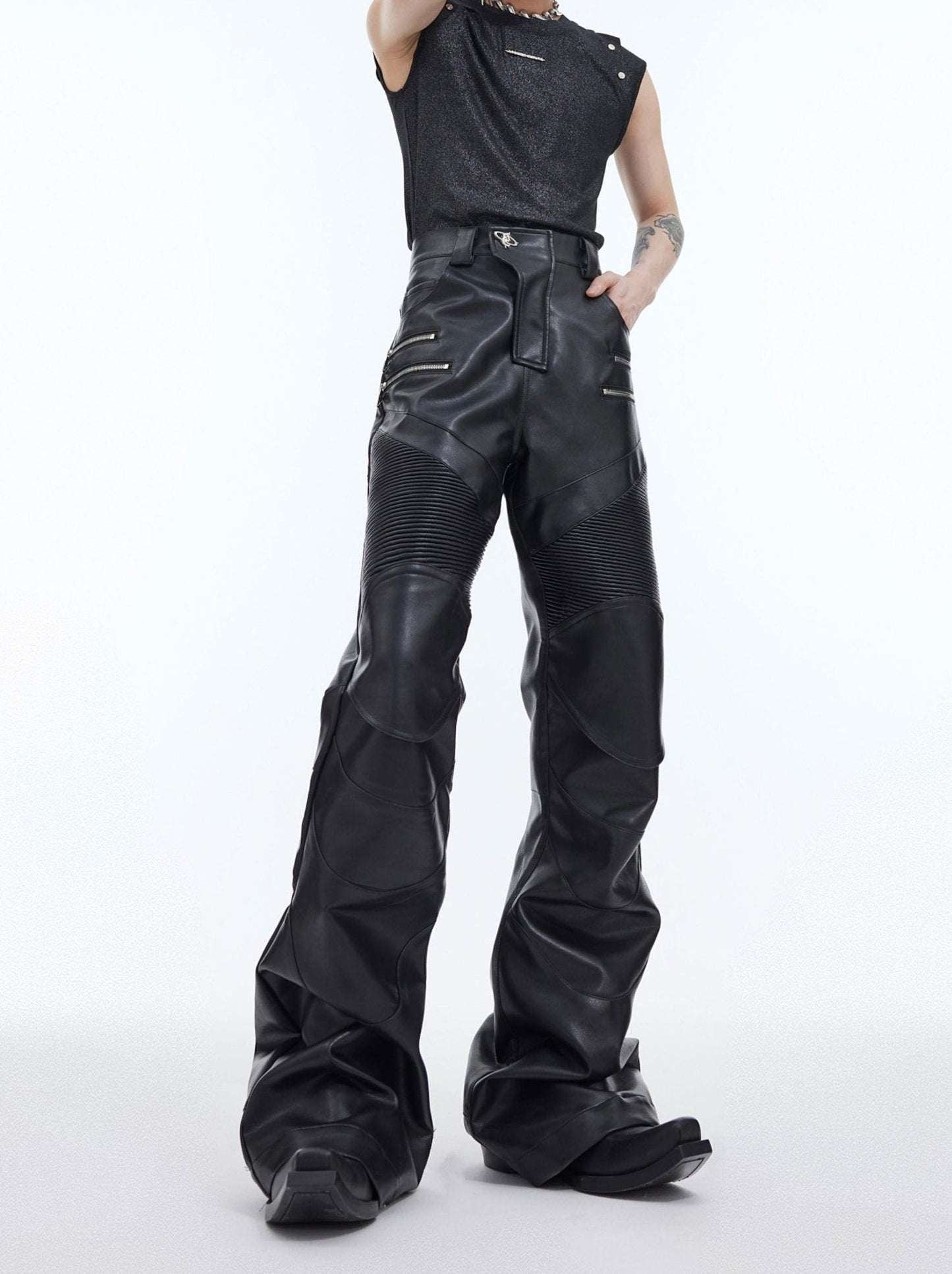 Punk Faux Leather Pants Patchwork Metal | Flared Casual Trousers