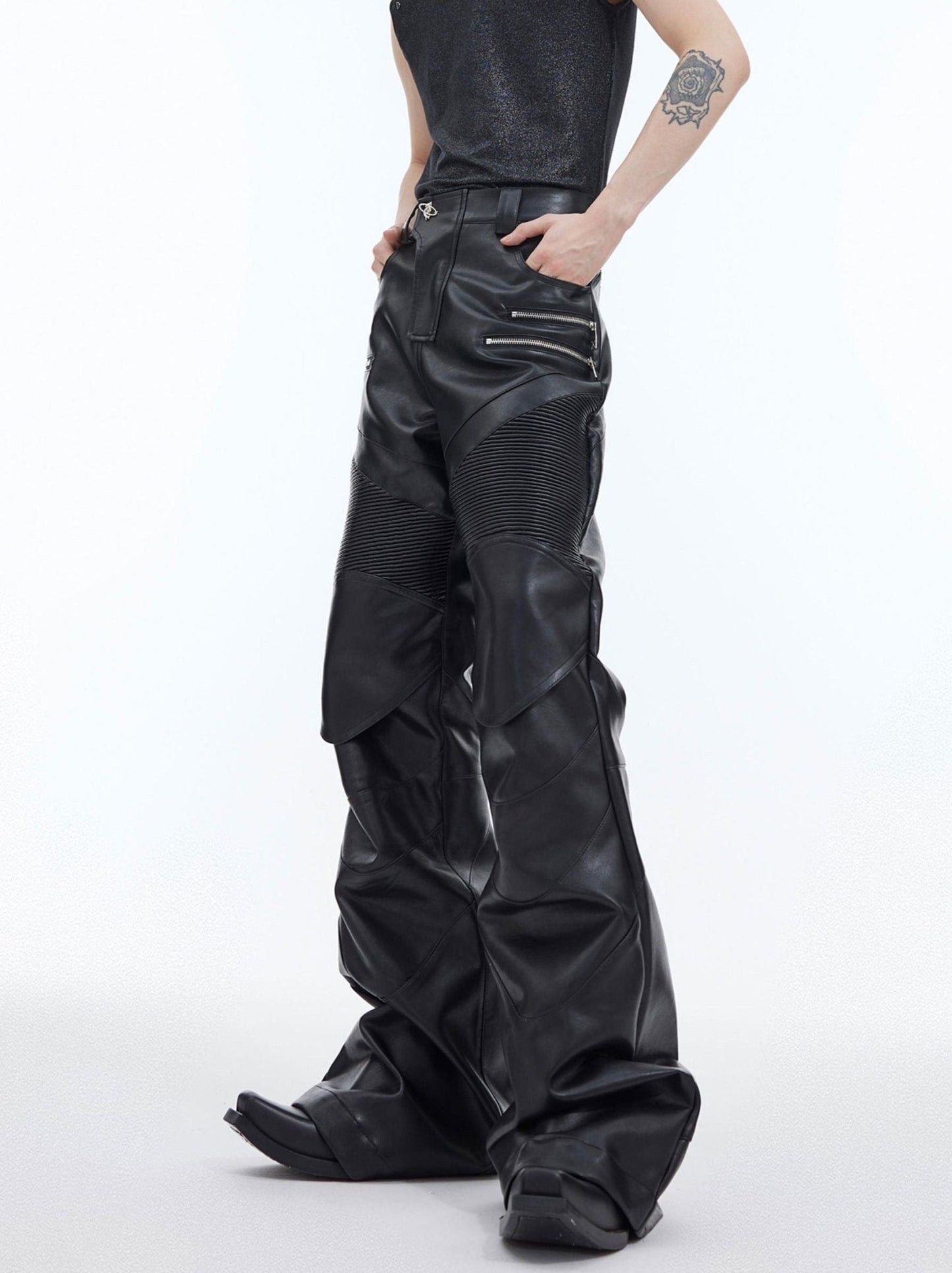 Punk Faux Leather Pants Patchwork Metal | Flared Casual Trousers