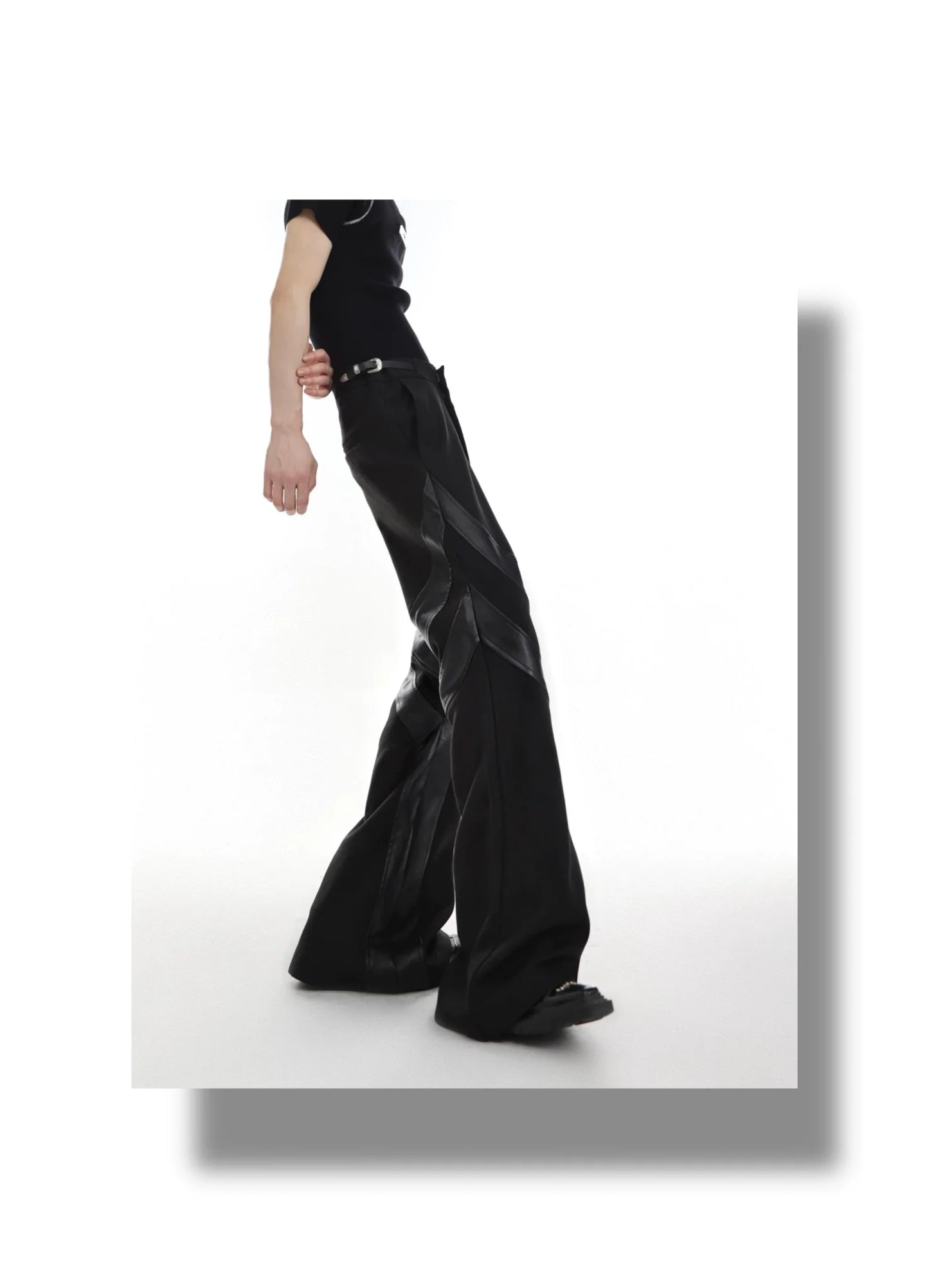 Punk-Inspired High-Waisted Flared Pants with Leather Spliced