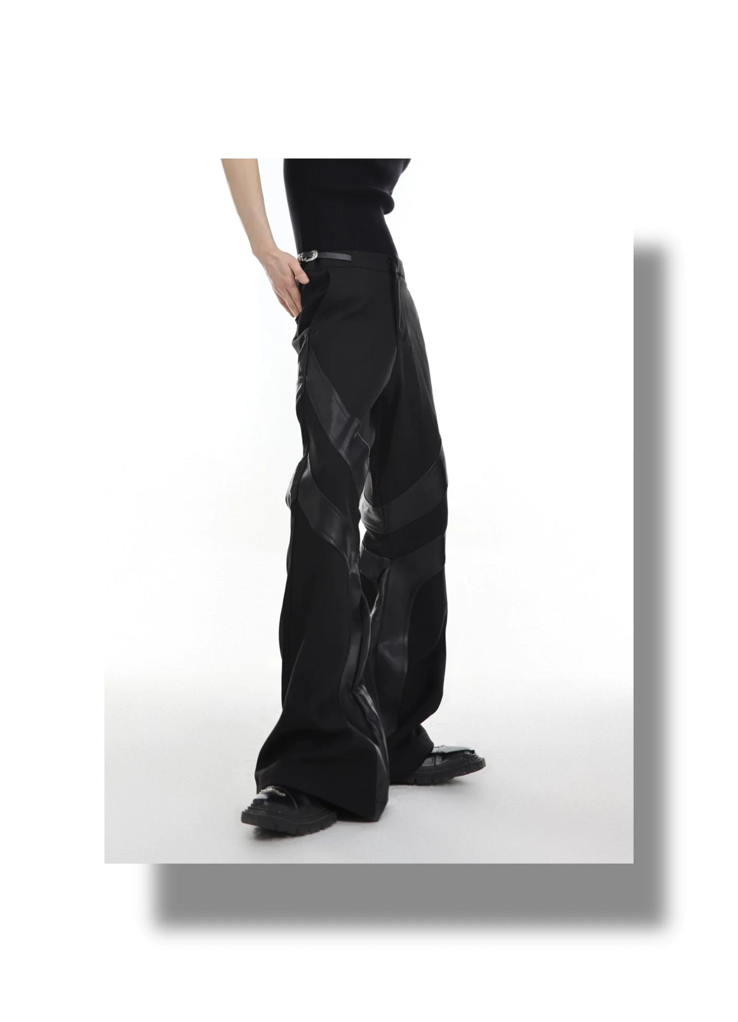 Punk-Inspired High-Waisted Flared Pants with Leather Spliced