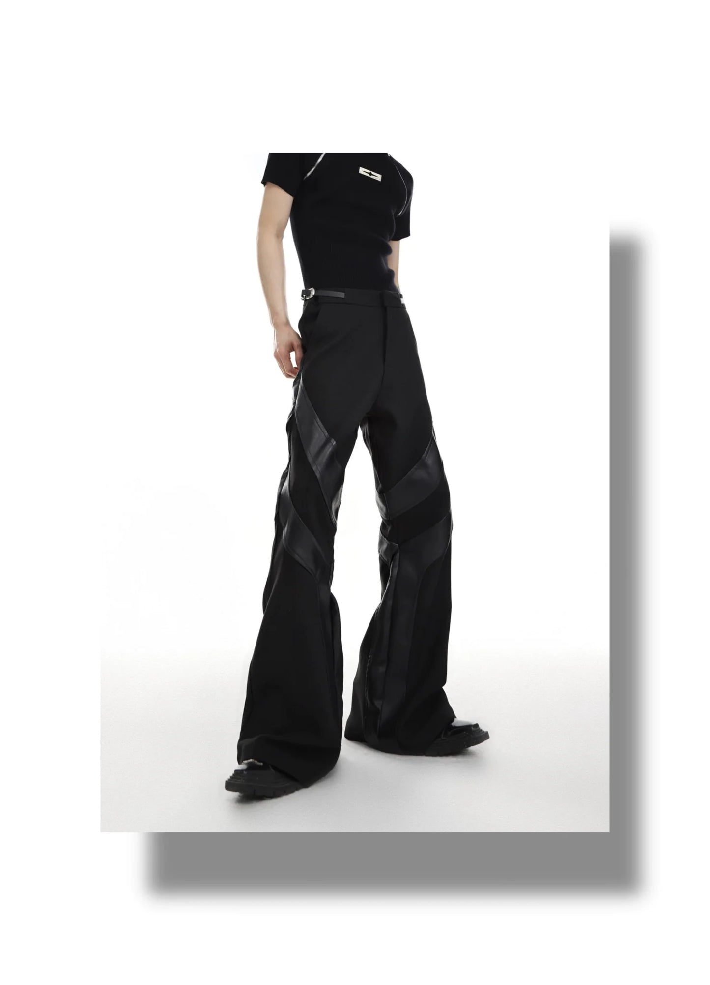 Punk-Inspired High-Waisted Flared Pants with Leather Spliced