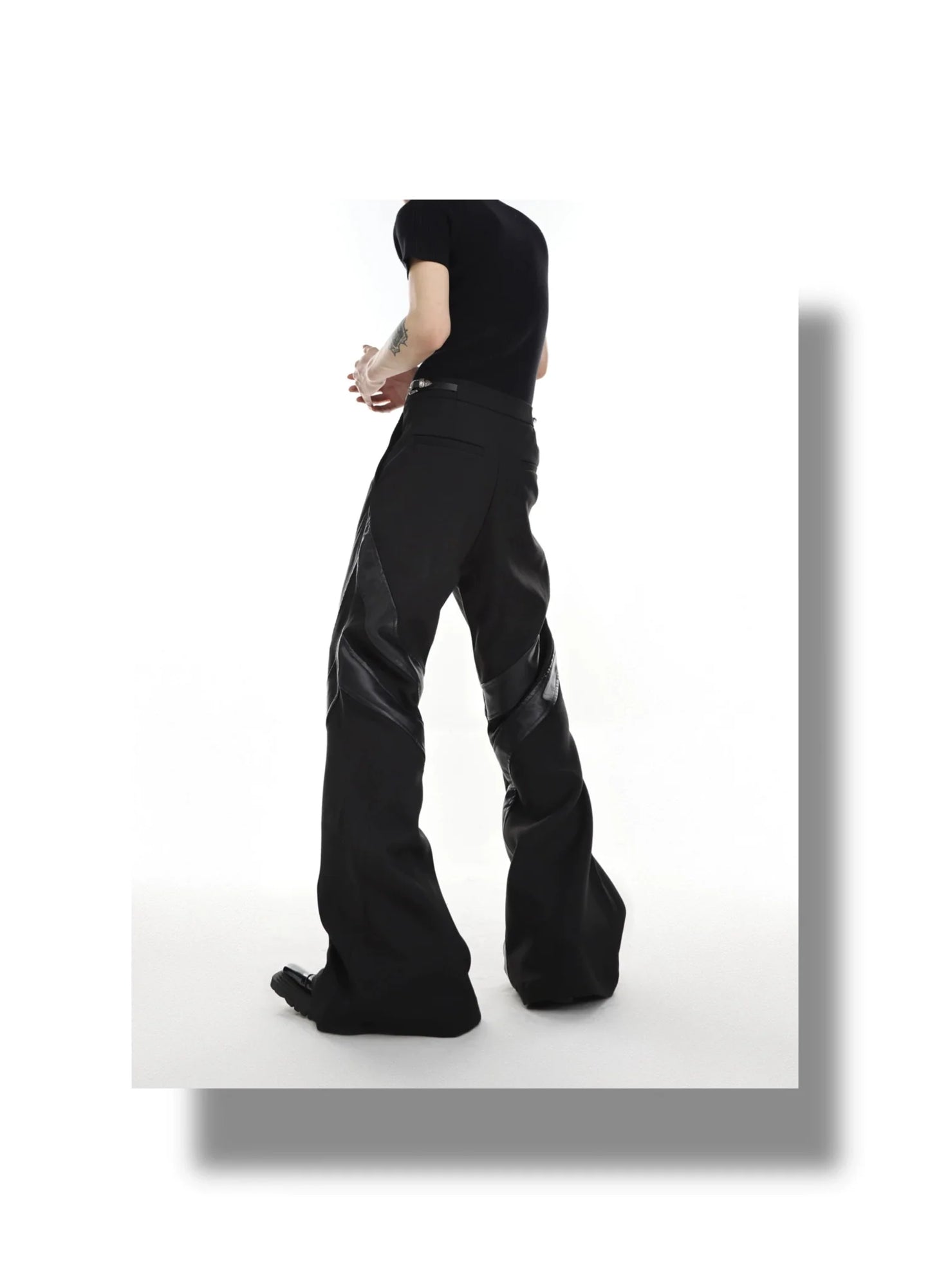 Punk-Inspired High-Waisted Flared Pants with Leather Spliced