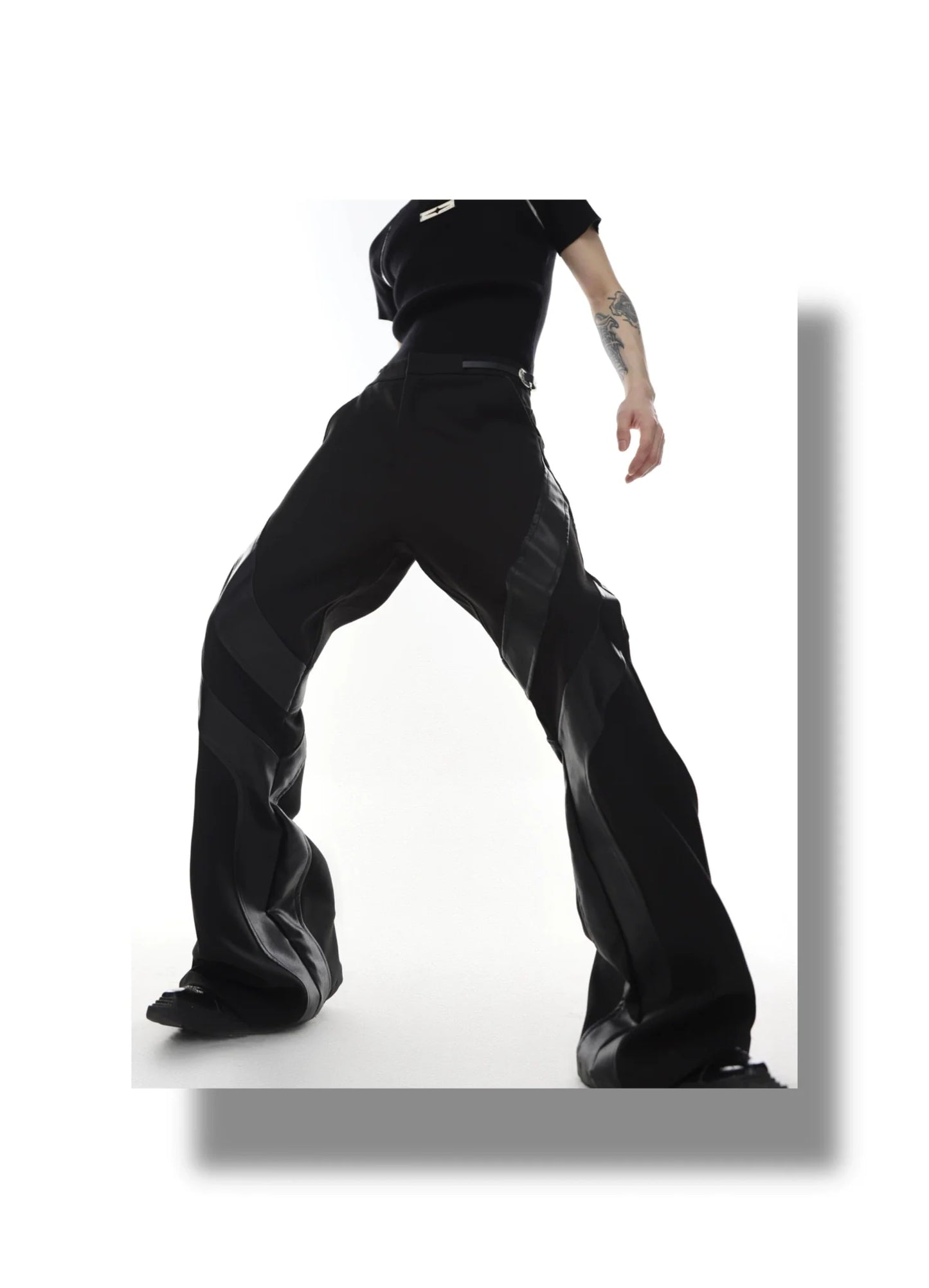 Punk-Inspired High-Waisted Flared Pants with Leather Spliced