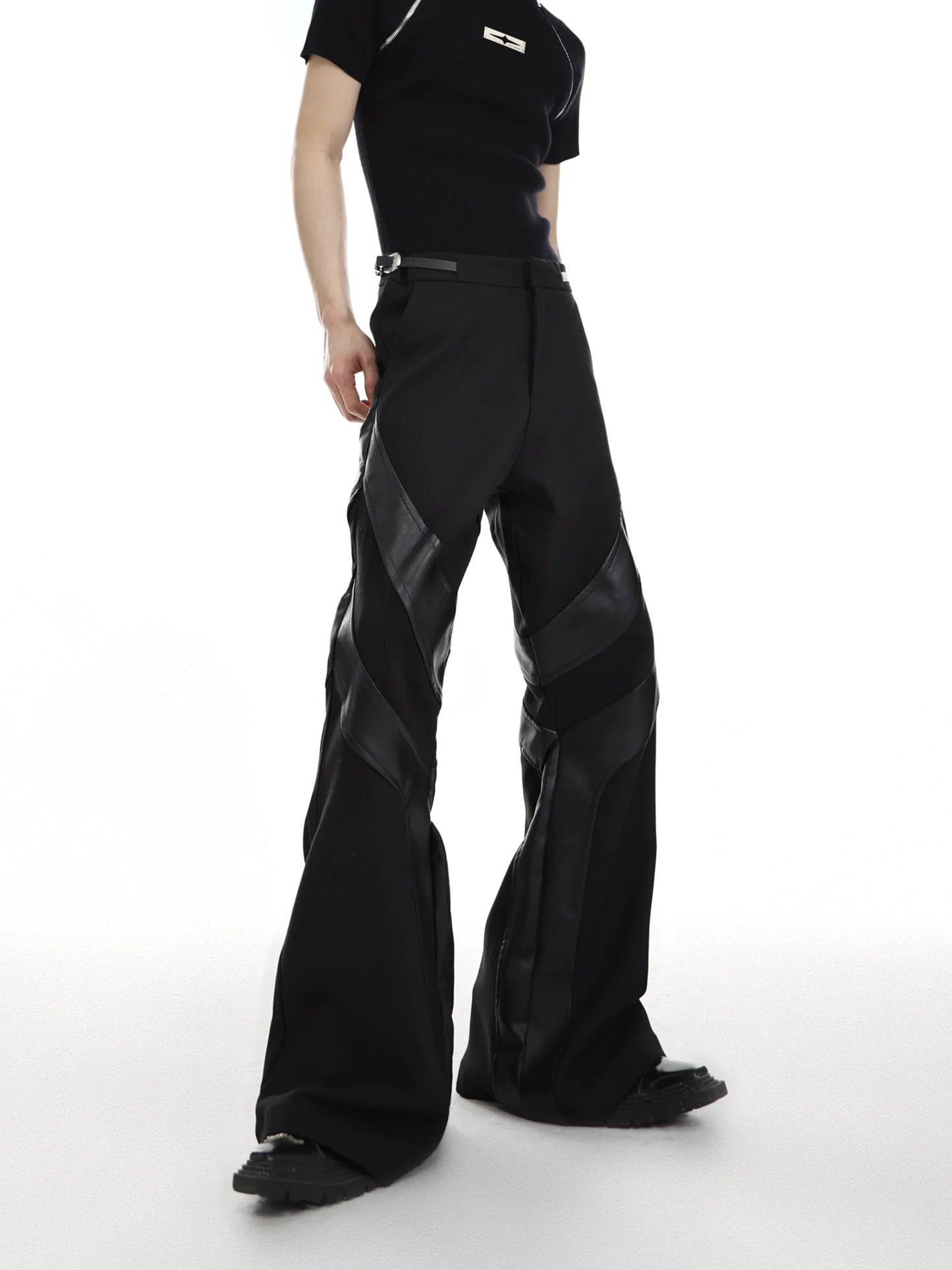 Punk-Inspired High-Waisted Flared Pants with Leather Spliced