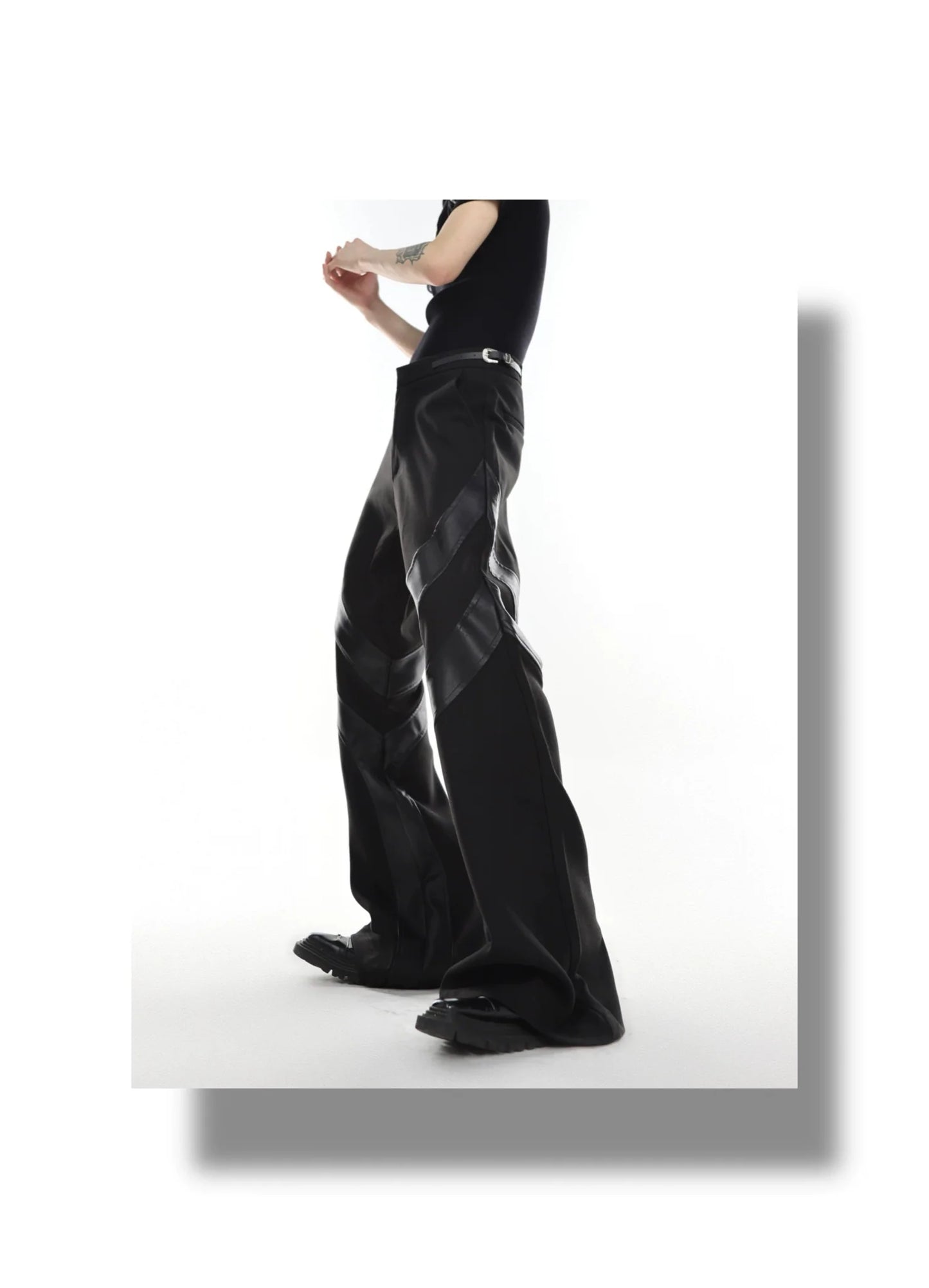 Punk-Inspired High-Waisted Flared Pants with Leather Spliced