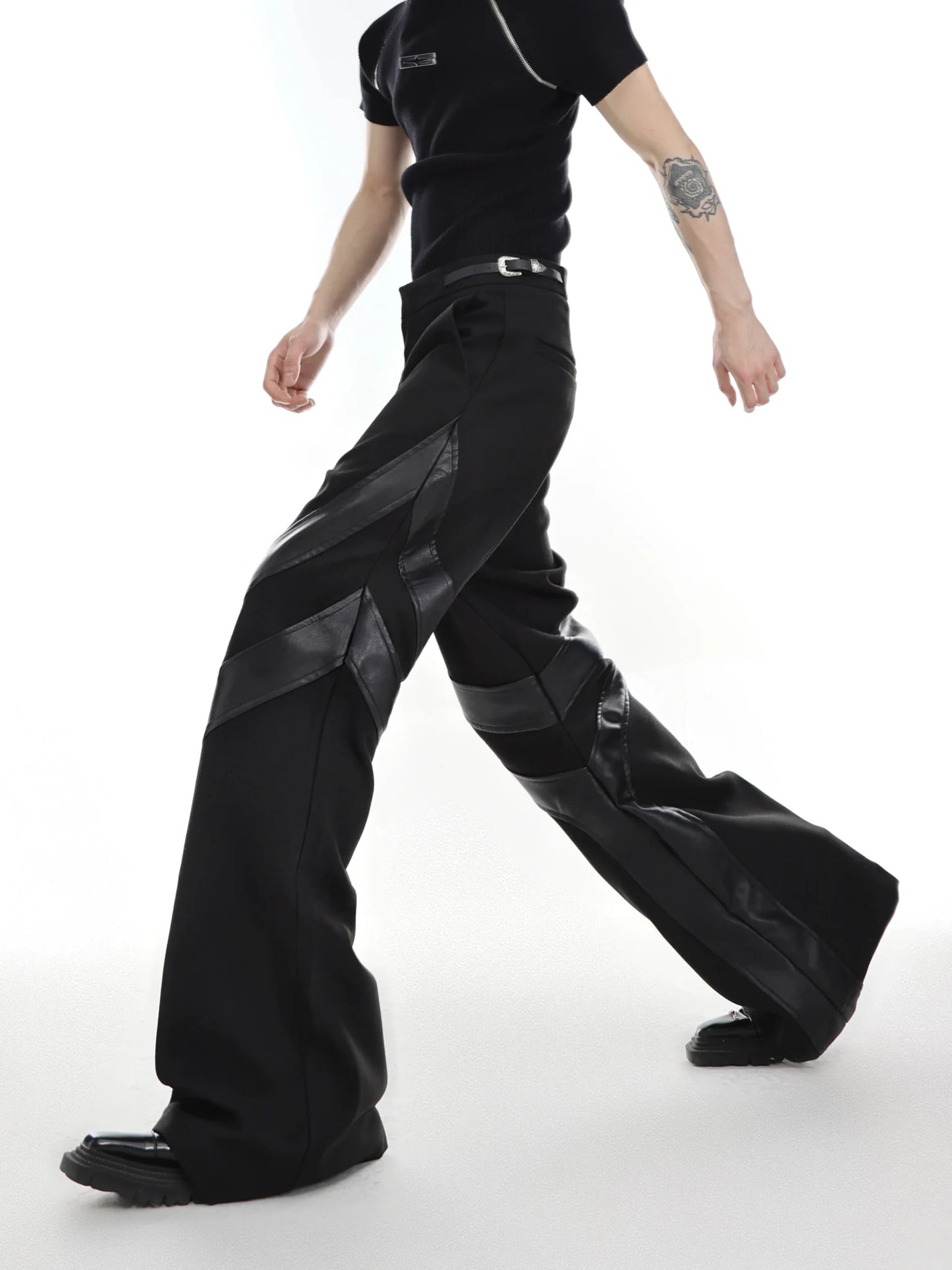 Punk-Inspired High-Waisted Flared Pants with Leather Spliced