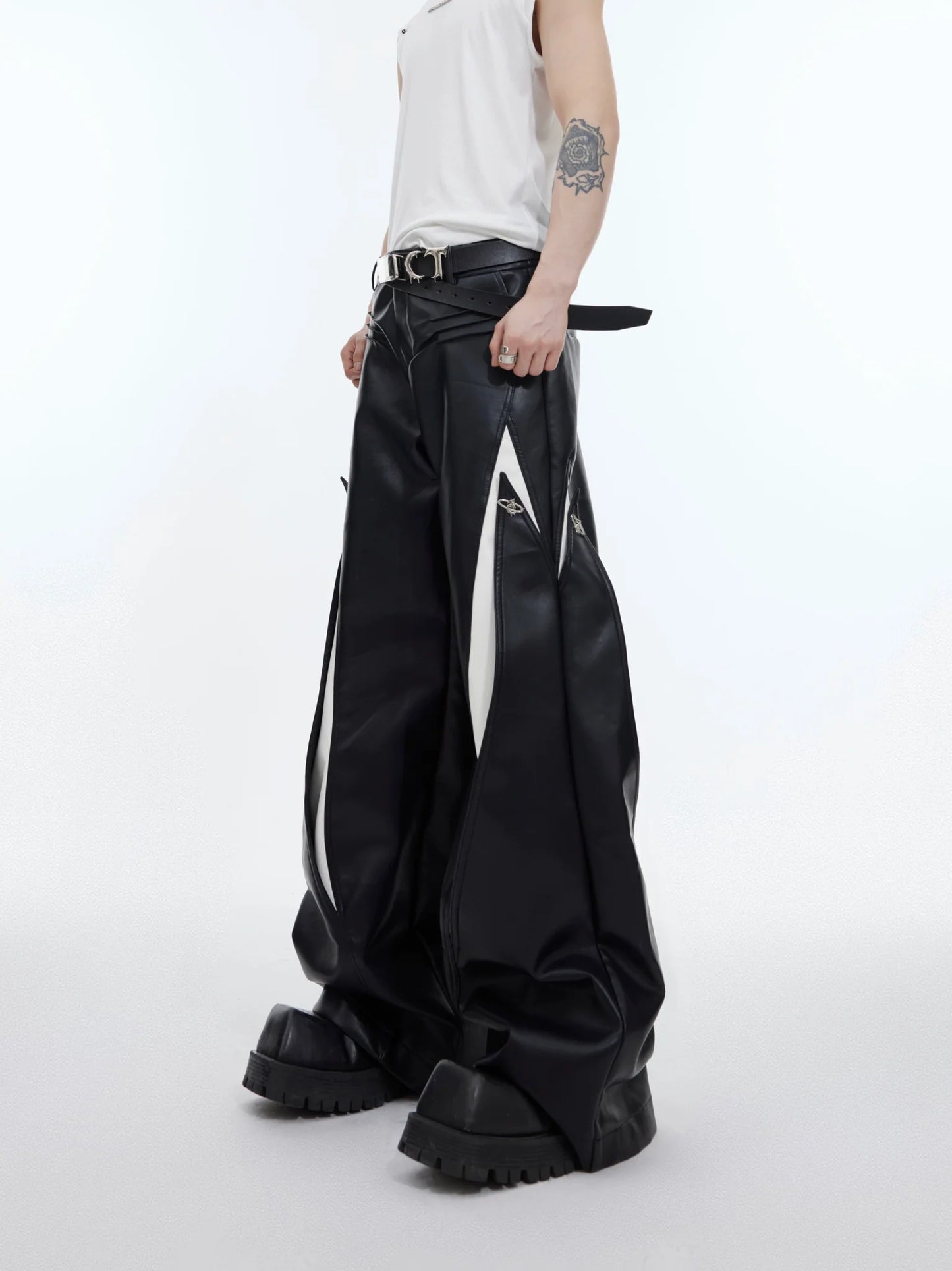 Punk Wide-Leg Faux Leather Pants with Metal Accents & Line Spliced