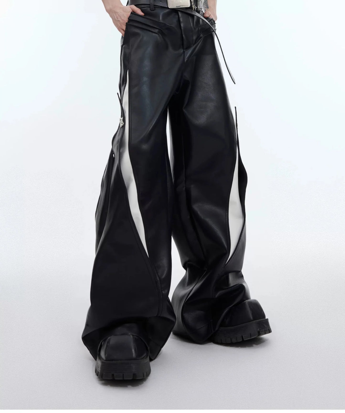 Punk Wide-Leg Faux Leather Pants with Metal Accents & Line Spliced