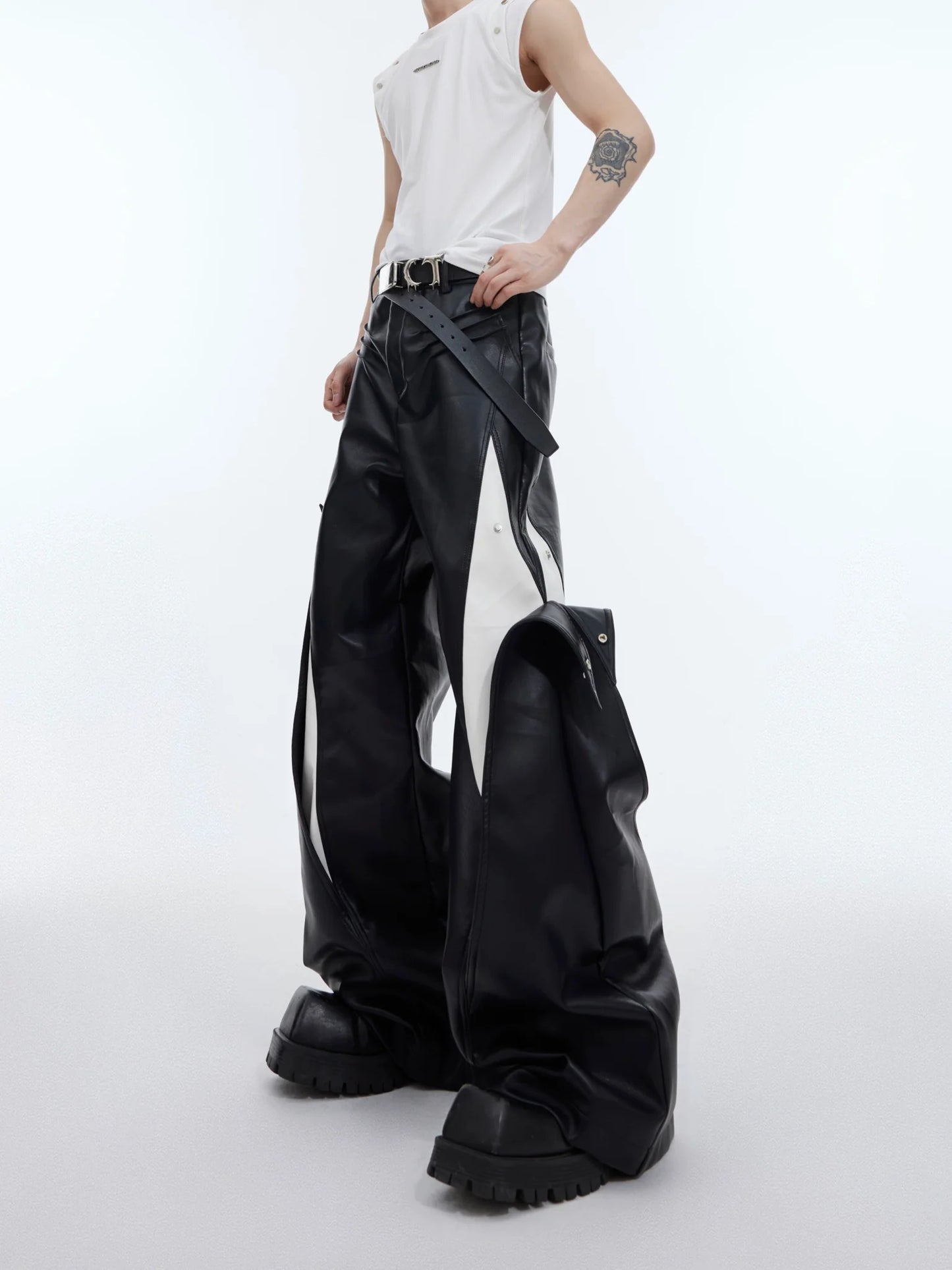 Punk Wide-Leg Faux Leather Pants with Metal Accents & Line Spliced