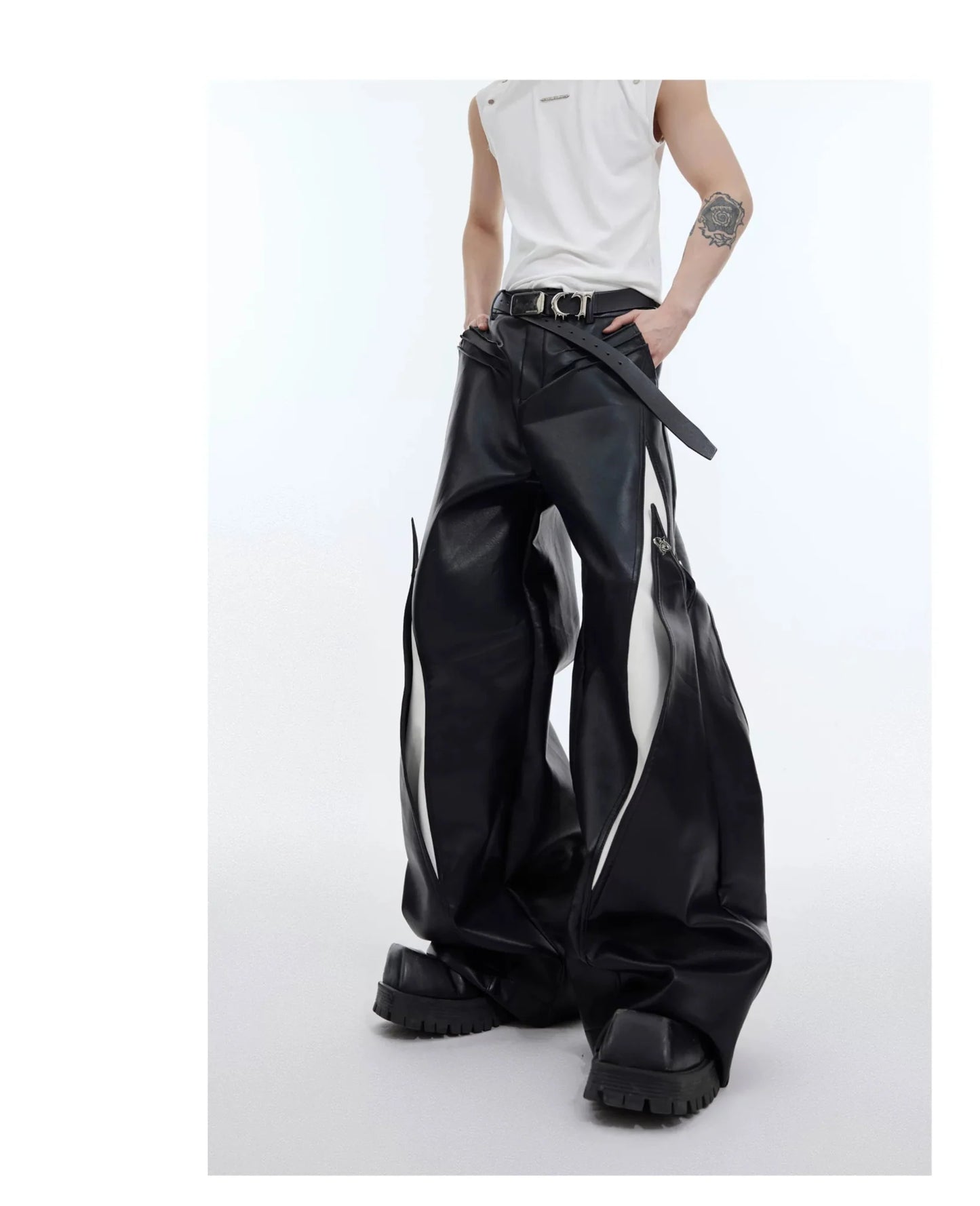 Punk Wide-Leg Faux Leather Pants with Metal Accents & Line Spliced