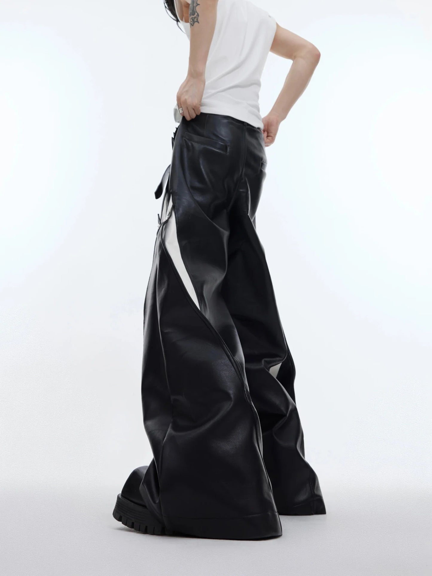 Punk Wide-Leg Faux Leather Pants with Metal Accents & Line Spliced