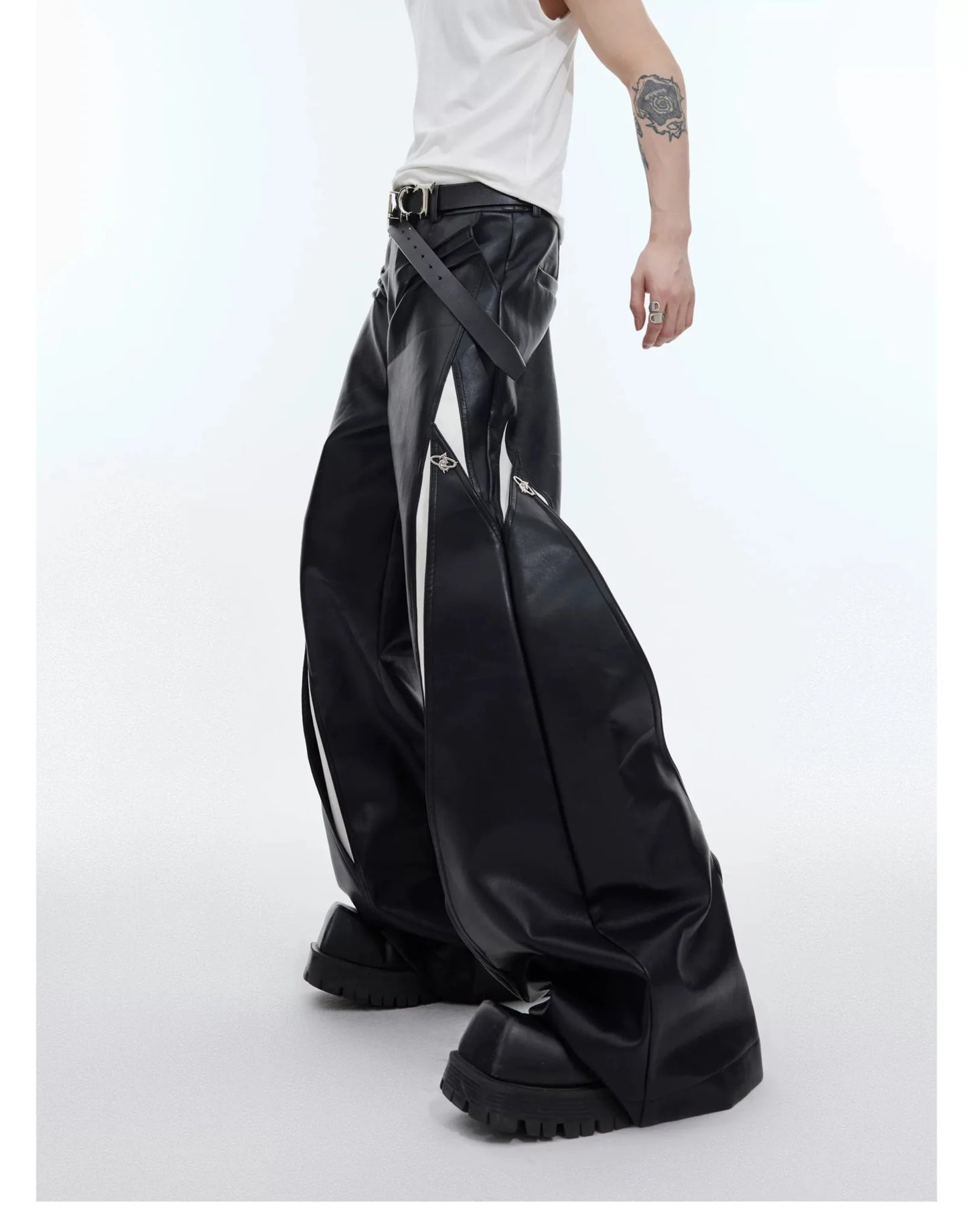 Punk Wide-Leg Faux Leather Pants with Metal Accents & Line Spliced