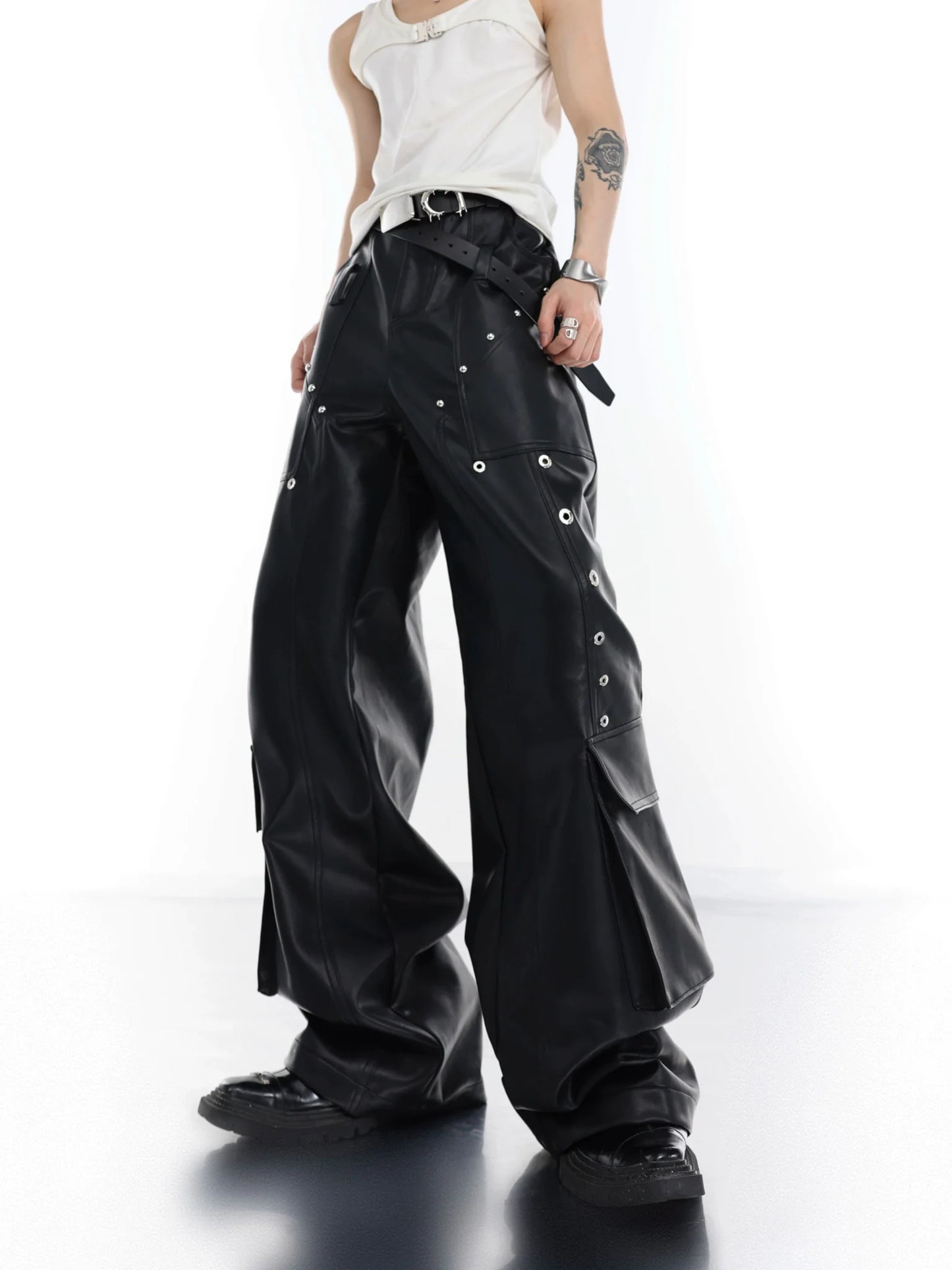 Punk Wide-Leg Leather Trousers | Metal Rivets Pockets Cargo Pants