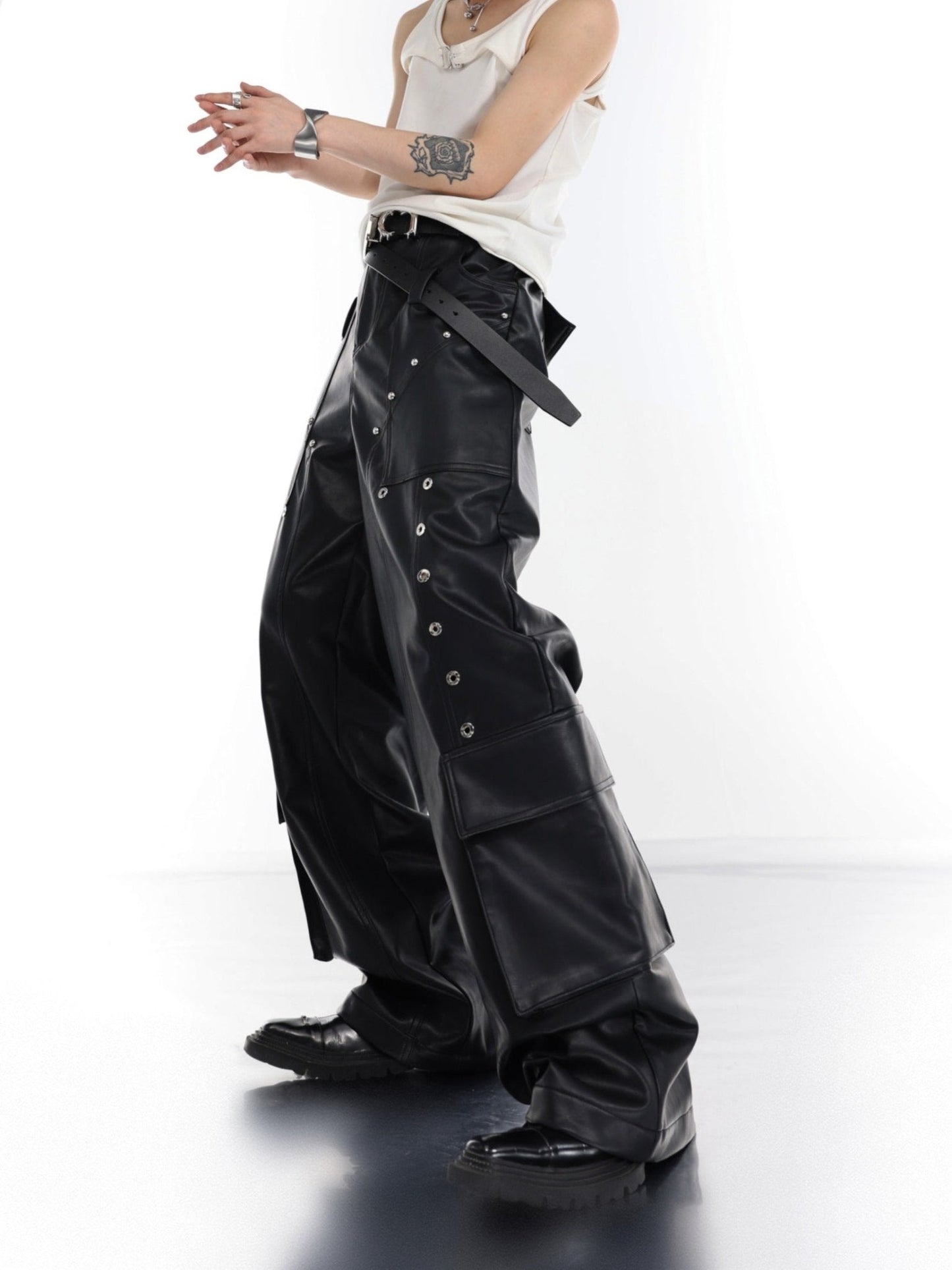 Punk Wide-Leg Leather Trousers | Metal Rivets Pockets Cargo Pants