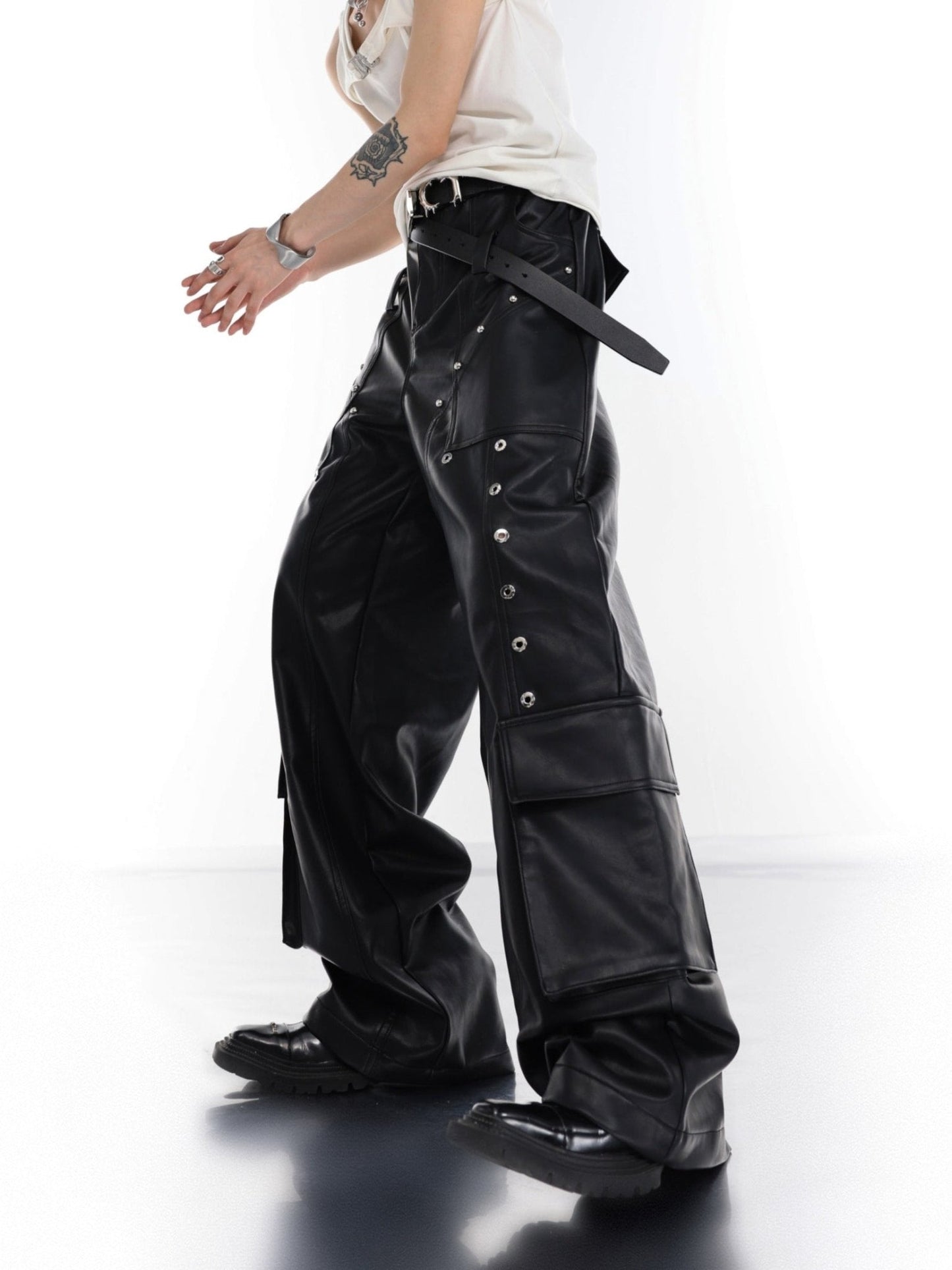 Punk Wide-Leg Leather Trousers | Metal Rivets Pockets Cargo Pants