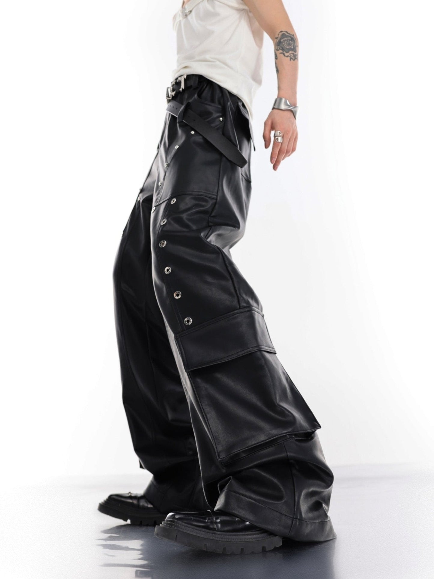 Punk Wide-Leg Leather Trousers | Metal Rivets Pockets Cargo Pants