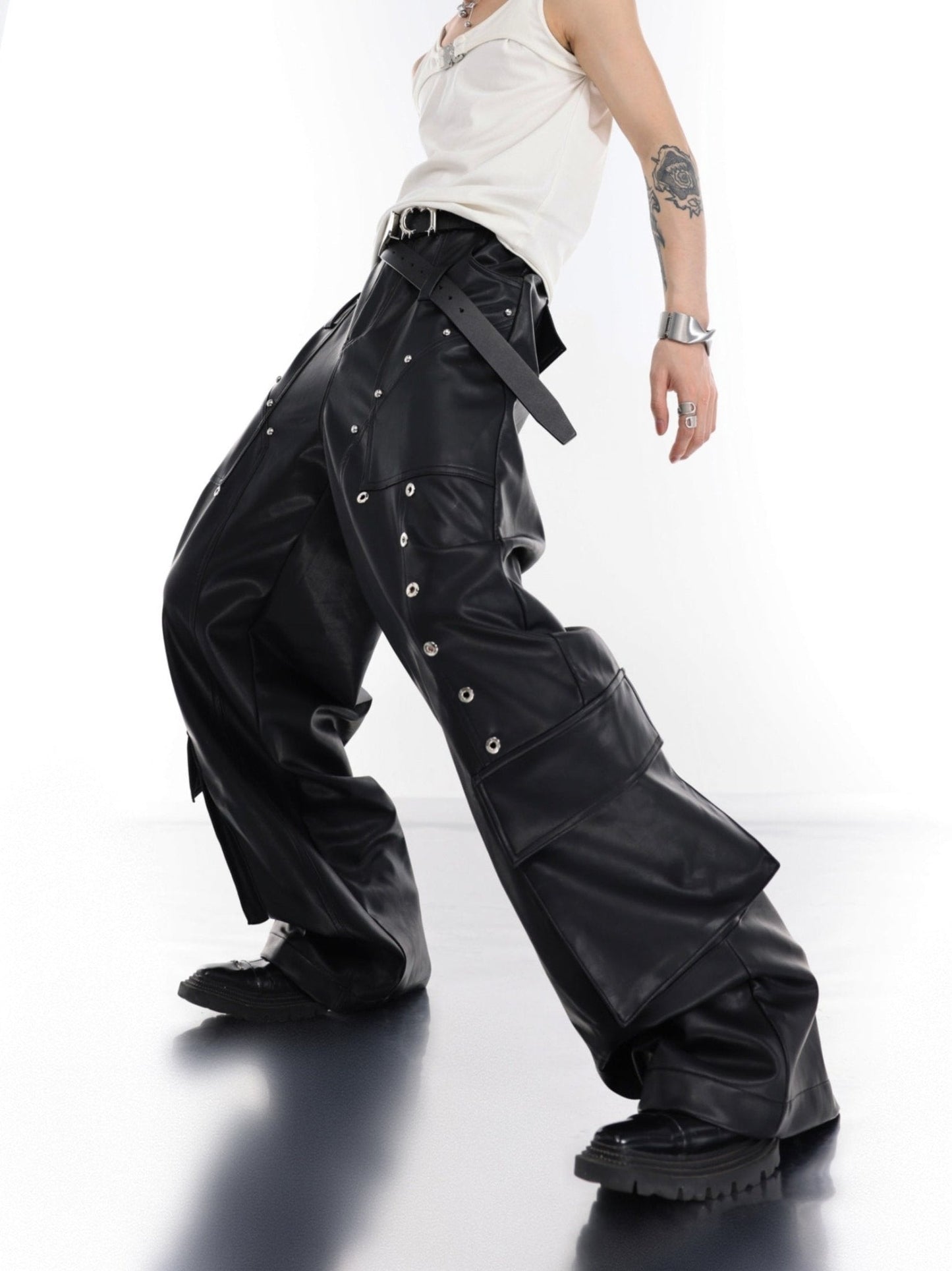 Punk Wide-Leg Leather Trousers | Metal Rivets Pockets Cargo Pants