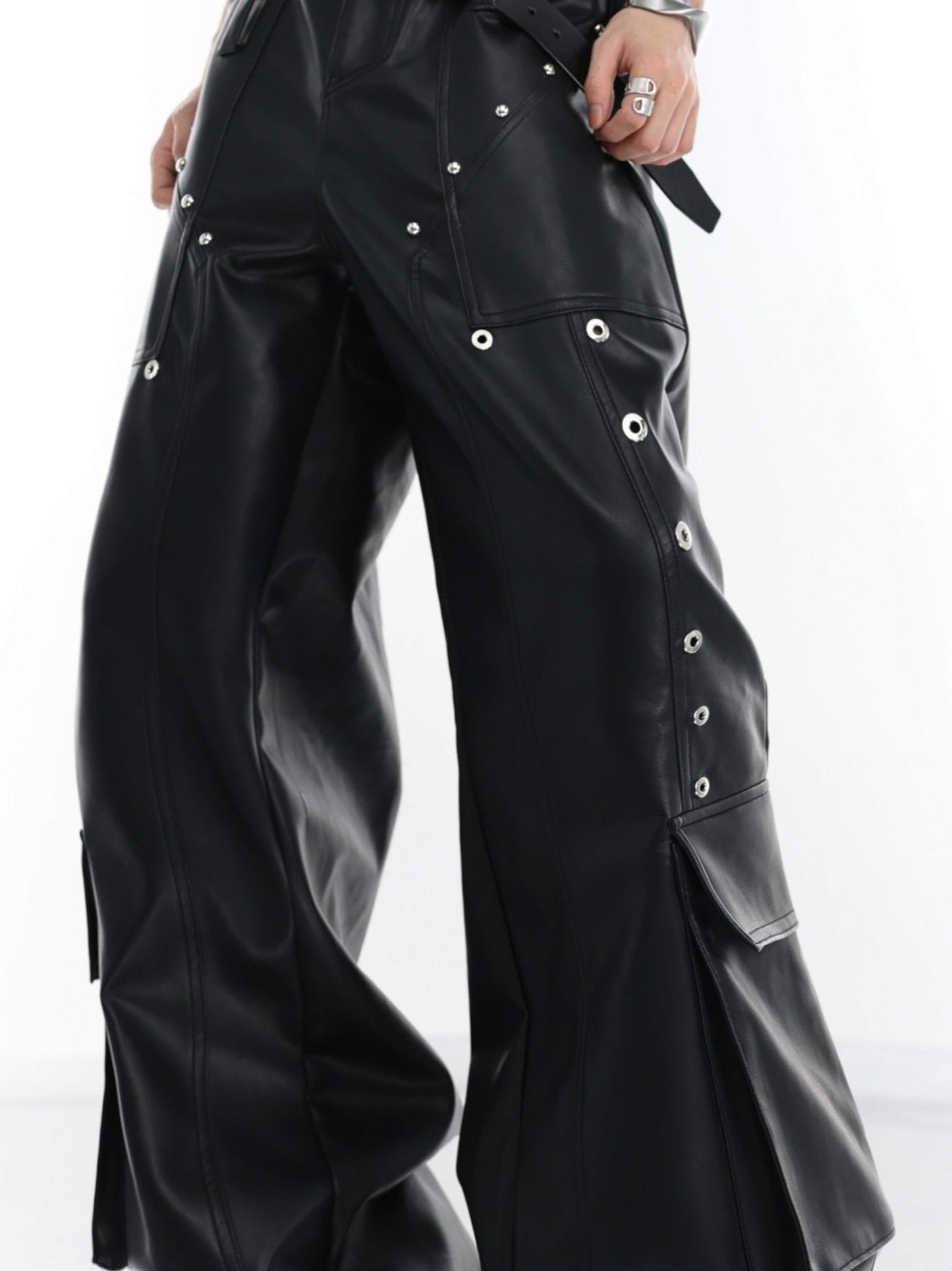 Punk Wide-Leg Leather Trousers | Metal Rivets Pockets Cargo Pants