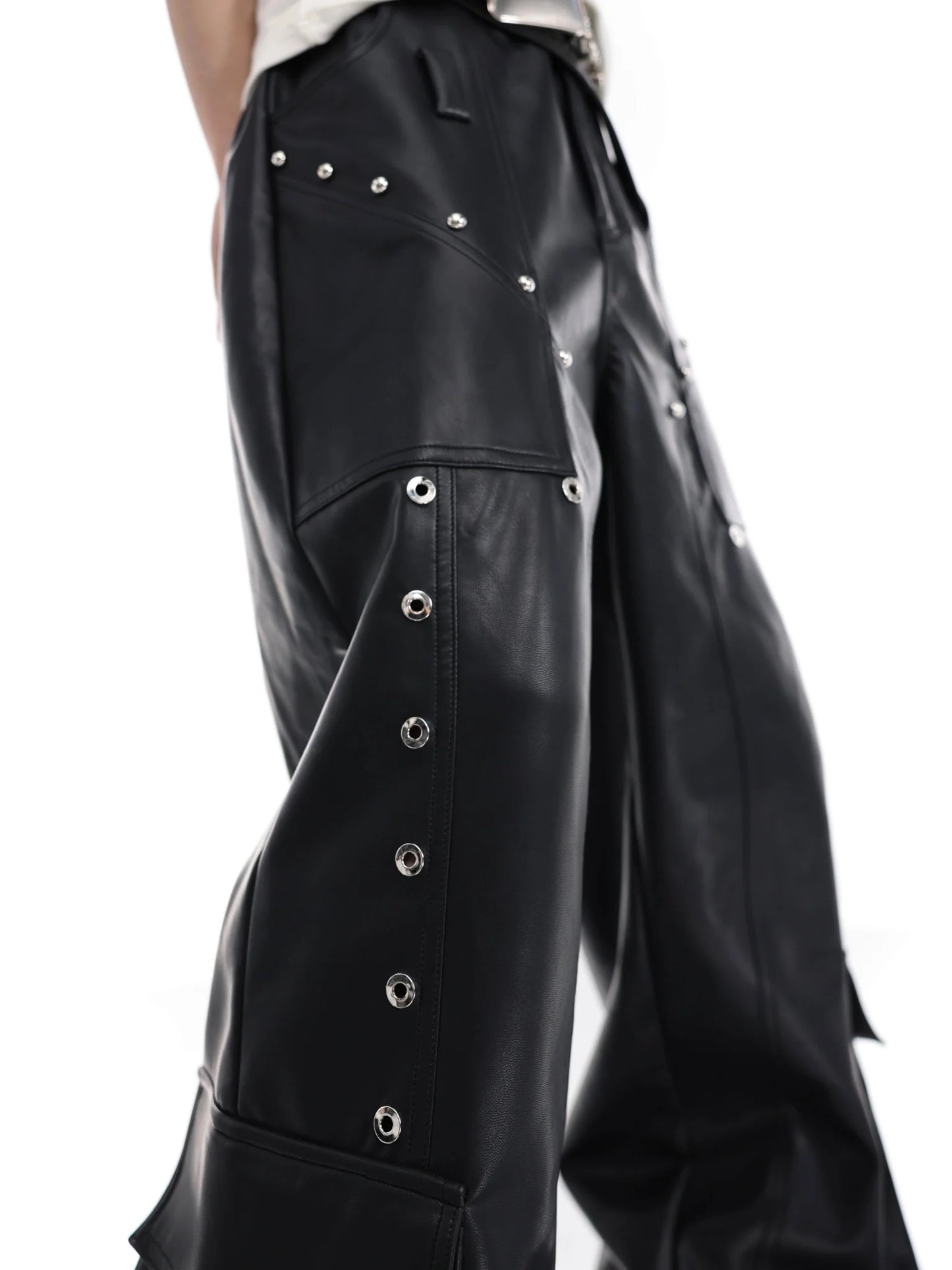 Punk Wide-Leg Leather Trousers | Metal Rivets Pockets Cargo Pants