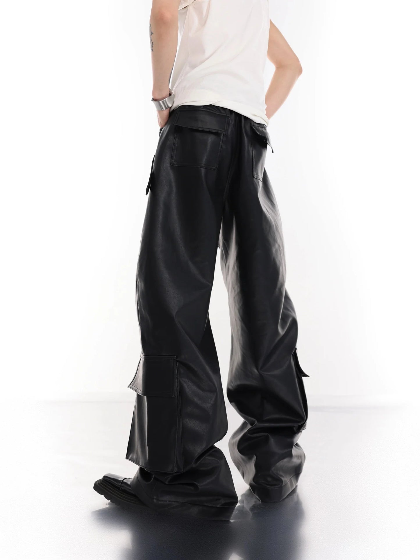 Punk Wide-Leg Leather Trousers | Metal Rivets Pockets Cargo Pants