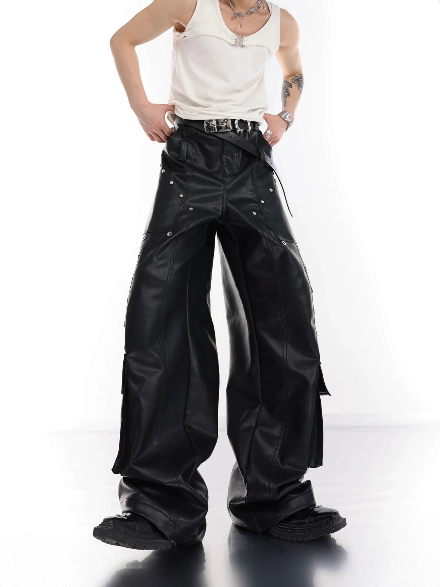 Punk Wide-Leg Leather Trousers | Metal Rivets Pockets Cargo Pants