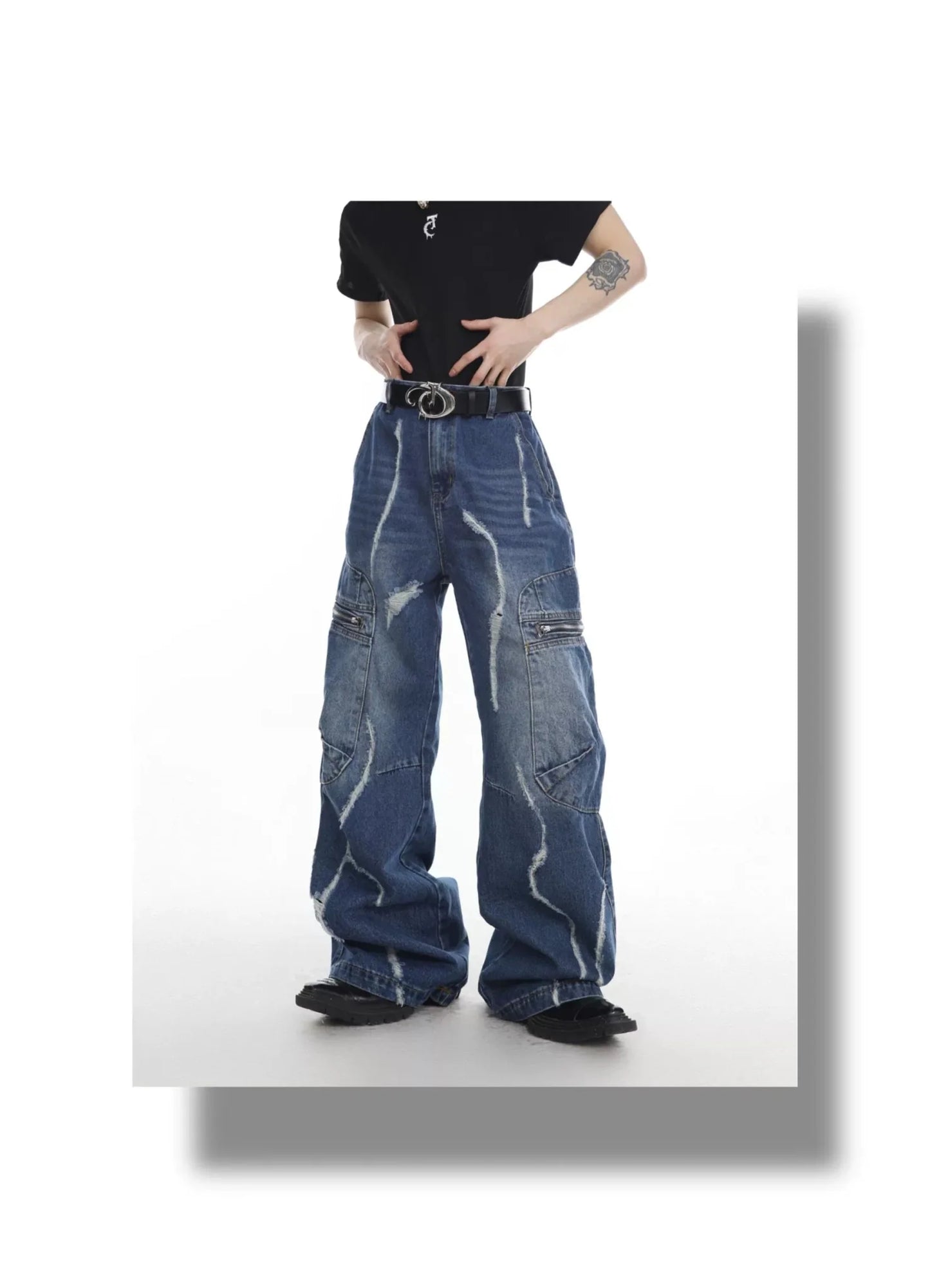 Retro Distressed Washed Denim Jeans with Deconstructed Pocket