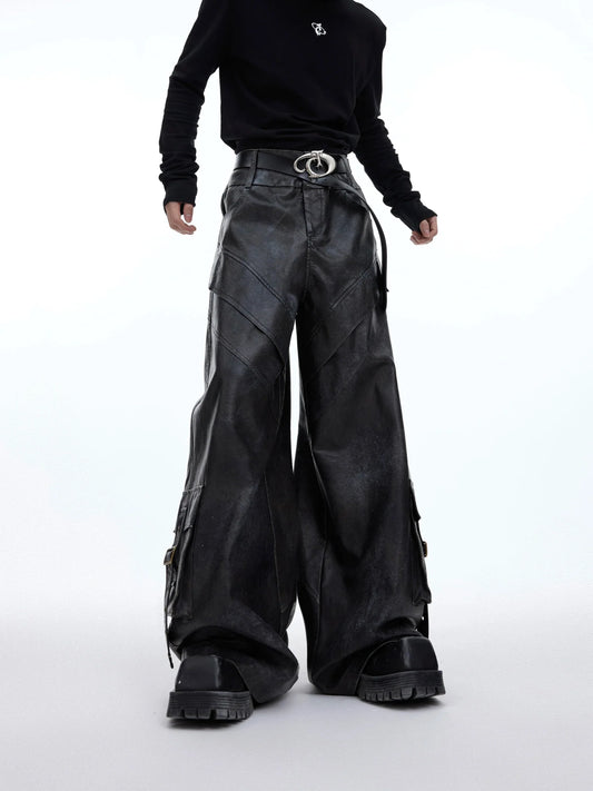 Retro Ink-Splash Punk Faux Leather Pants | Distressed Cargo Trousers