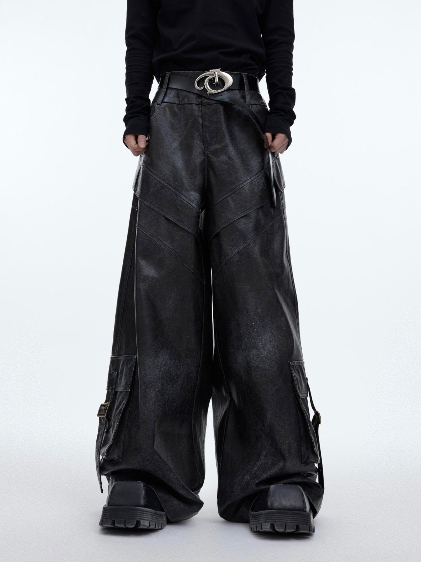 Retro Ink-Splash Punk Faux Leather Pants | Distressed Cargo Trousers