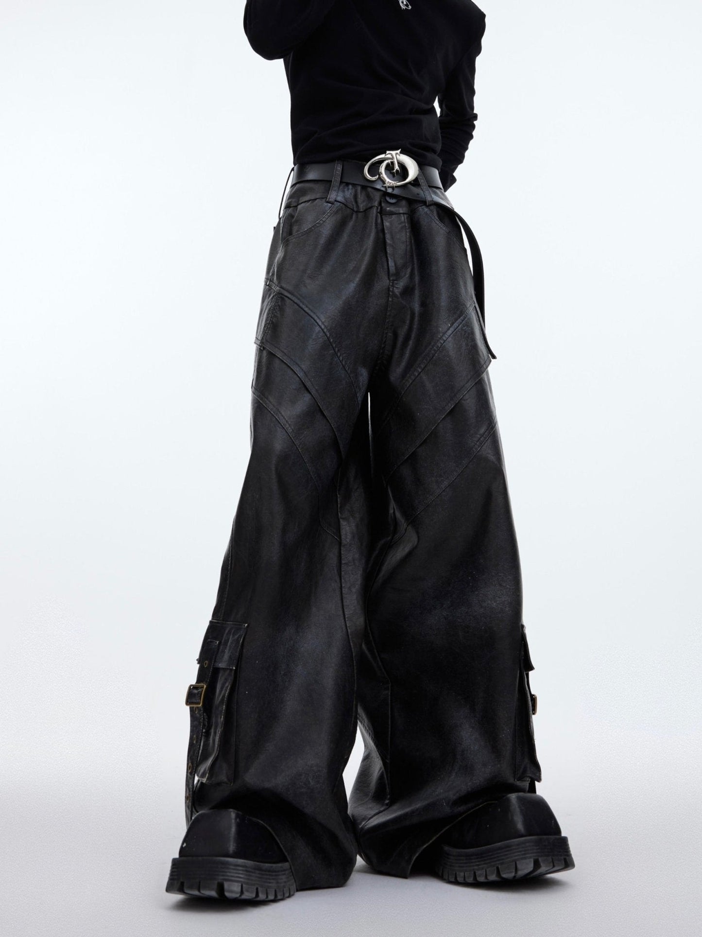 Retro Ink-Splash Punk Faux Leather Pants | Distressed Cargo Trousers