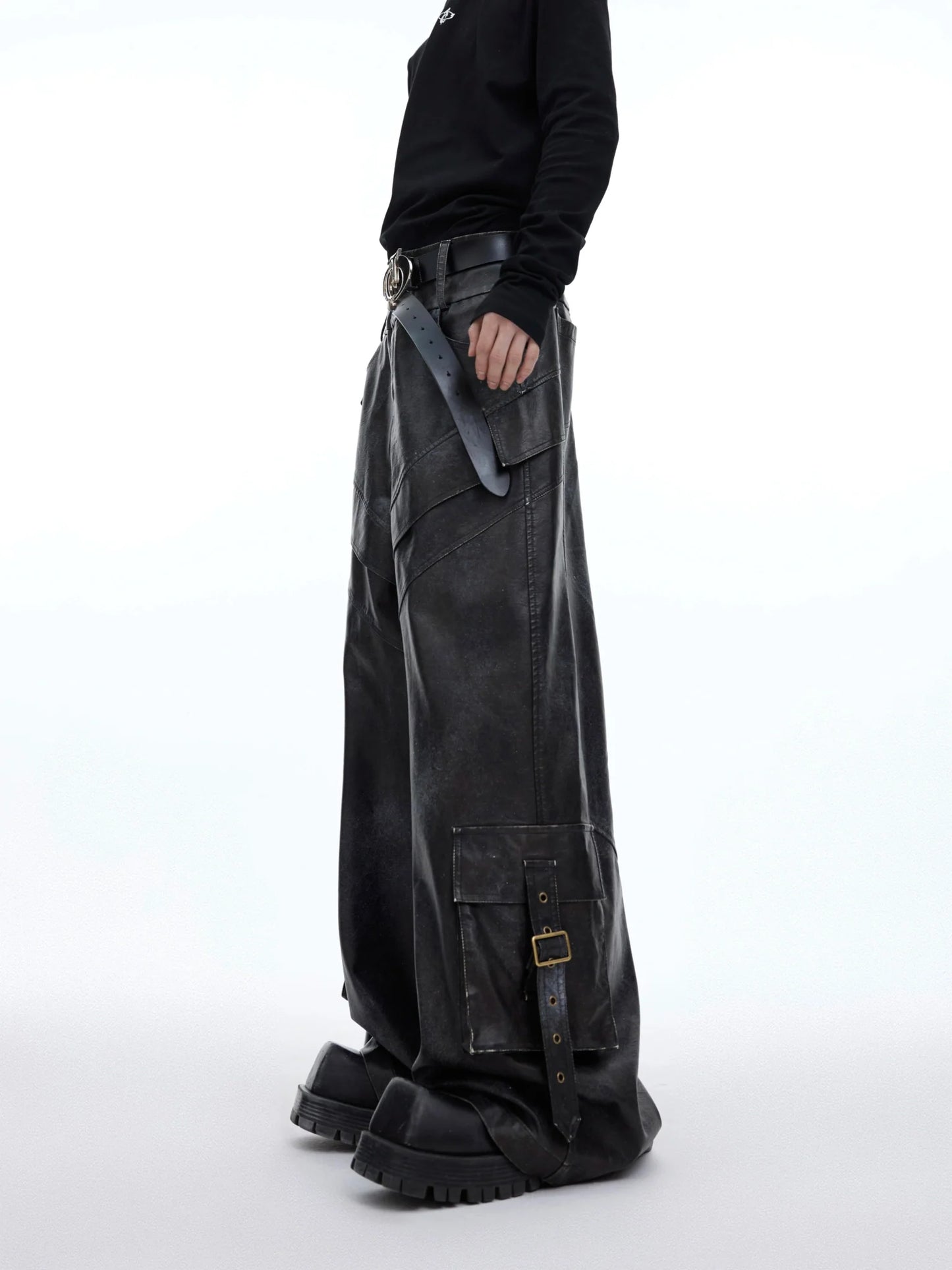 Retro Ink-Splash Punk Faux Leather Pants | Distressed Cargo Trousers