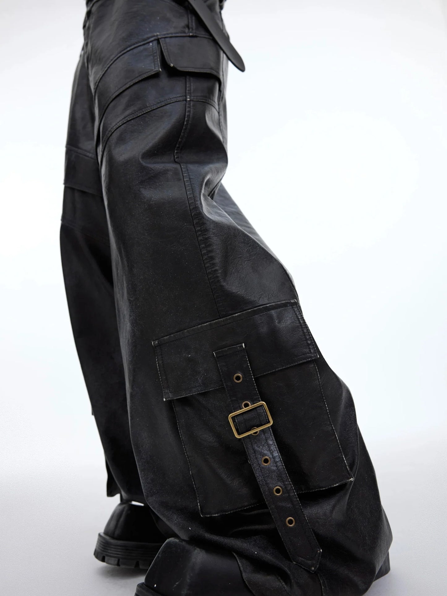 Retro Ink-Splash Punk Faux Leather Pants | Distressed Cargo Trousers